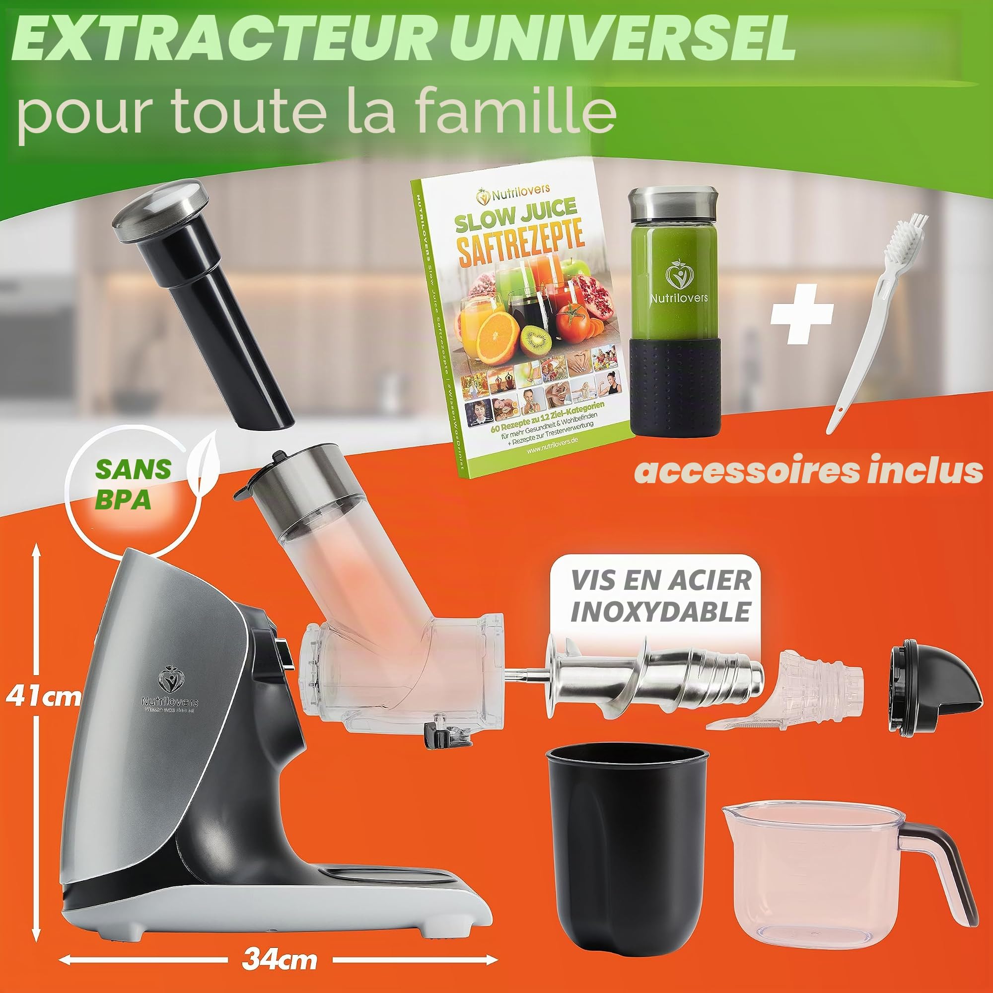 GREEN-PRESS EDELSTAHL Extracteur de jus à vis en acier inoxydable sans BPA pour fruits entiers céleri légumes et fruits test gagnant presse à jus électrique marque allemande Classe énergétique A+++