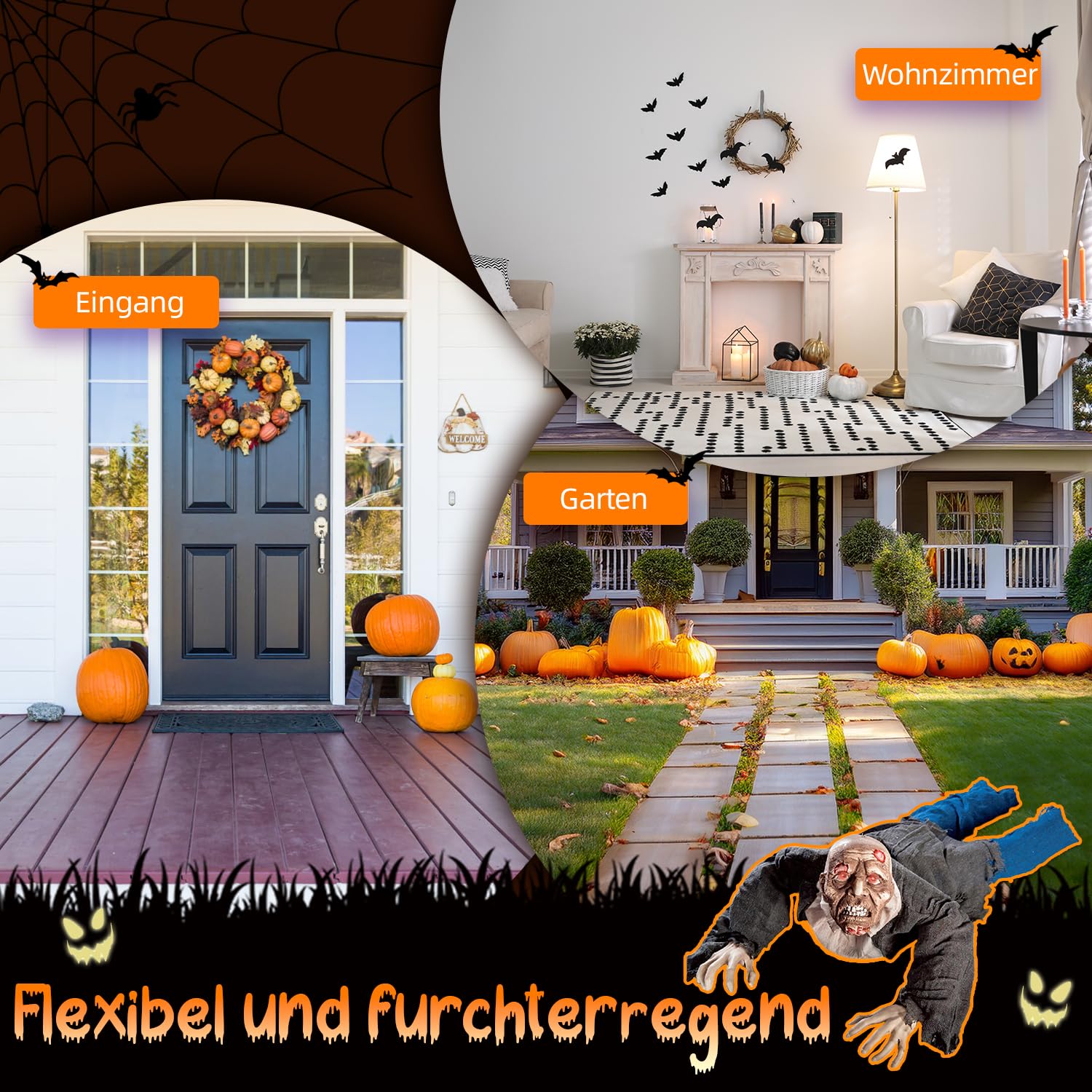 Dekoracja na Halloween Zombie 1,40 m – pełzająca straszna figurka z ruchem ramienia, czerwone oczy LED | dźwięk – figurka Halloween SHXHD2403 na baterie – dekoracja na imprezę, wejście, korytarz i