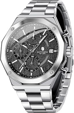 SAPPHERO Mens Octagonal Stainless Steel Quartz Watch, 50M Waterproof Analog Movement with Date, Elegant Mens Gift
