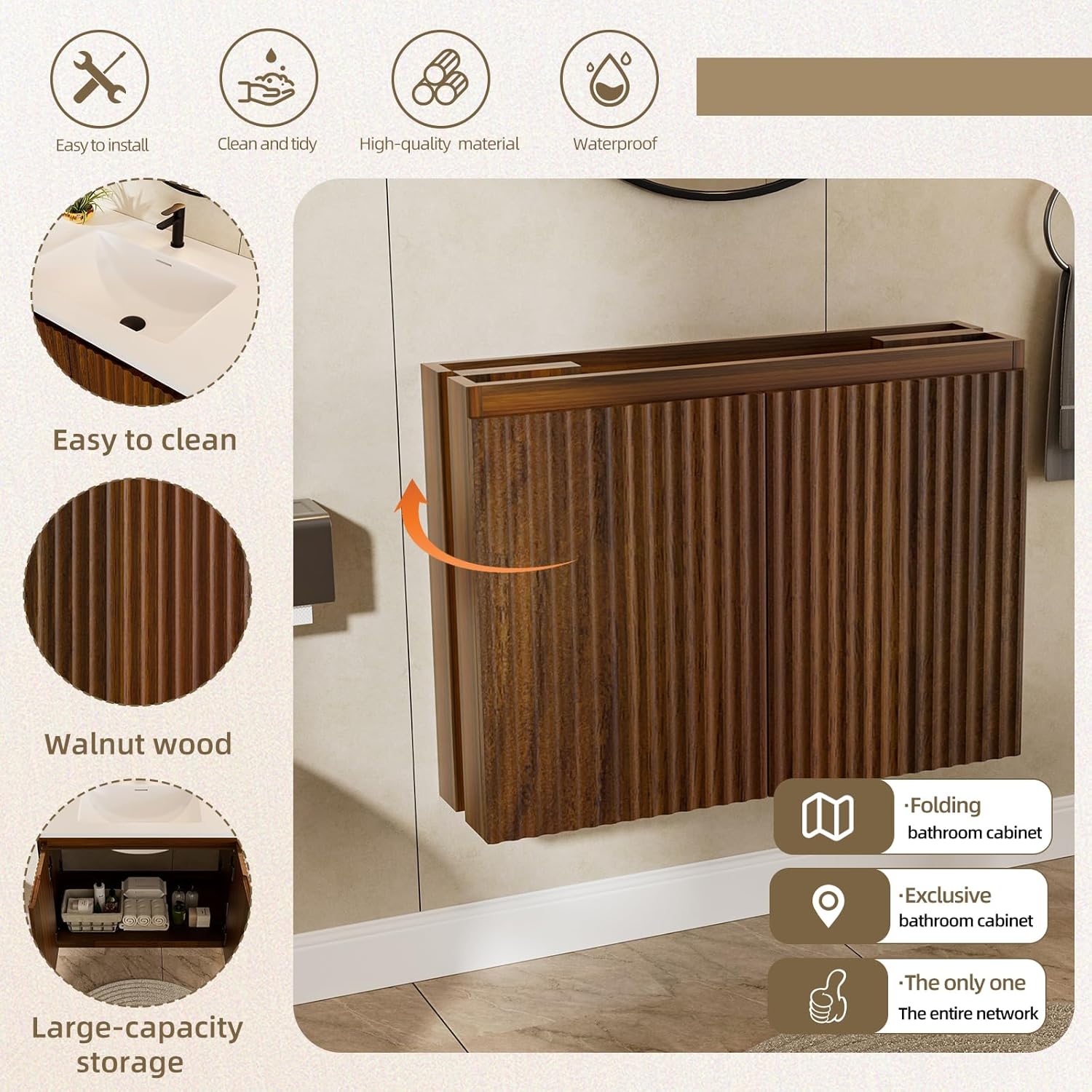 30″Bathroom Vanity Folding Wall Cabinet with Ceramic Sink,Gifts for Women,Modern Undermount Vanity Sinks Cabinet,Free Standing Bathroom Storage Cabinets with Sink Combo Set,Patented,Walnut