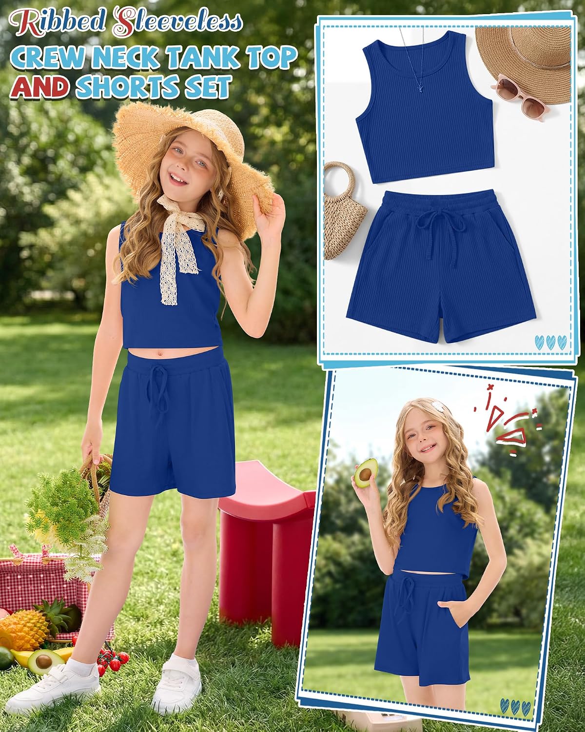 Girls 2 Piece Outfits Summer Matching Sets Kids Ribbed Crop Tank Top and Short Sets Teen Cute Casual Clothes 5-14 Y