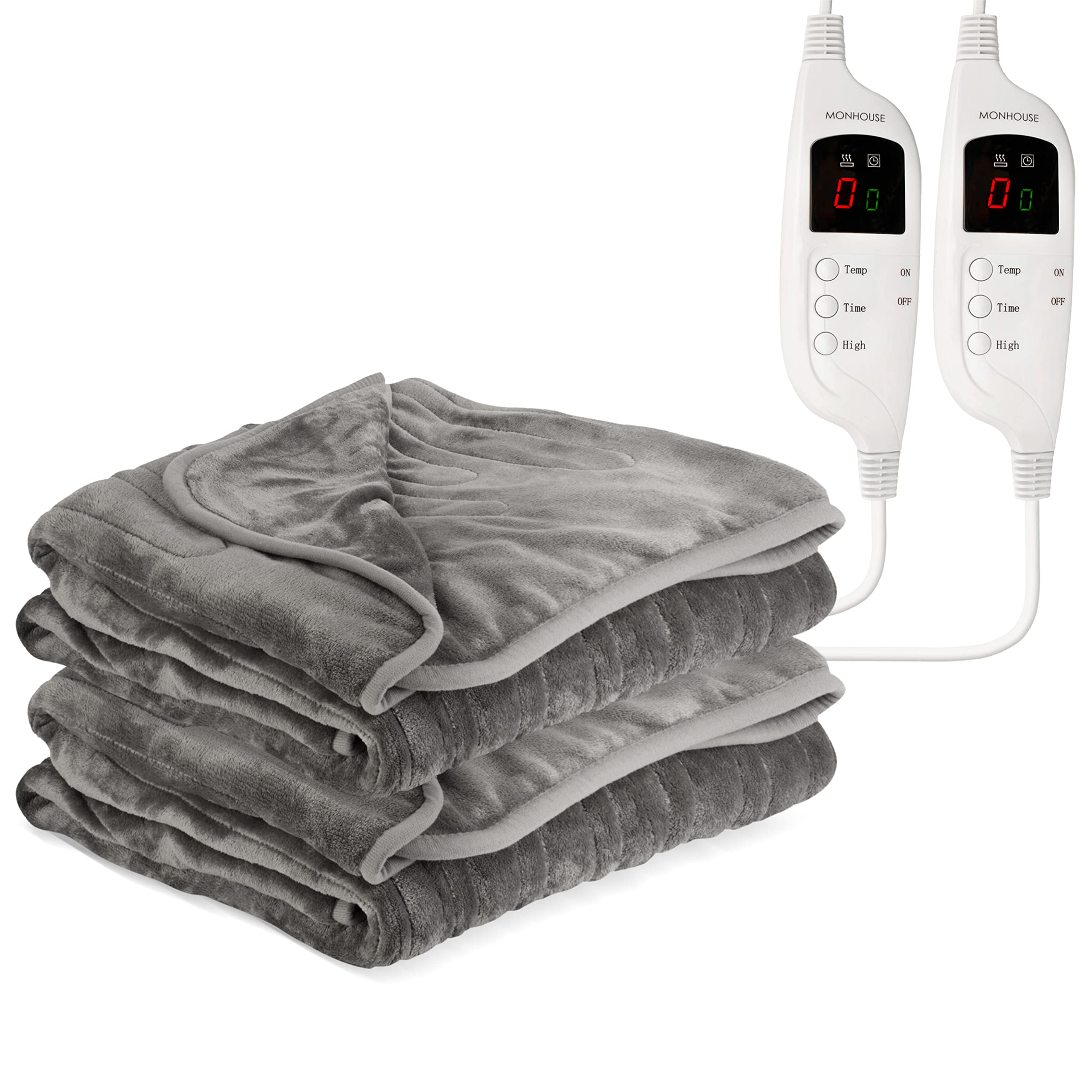 Monhouse Grey Heated Throw - Pack Of 2 Electric Blankets - Digital Controller - Timer Up To 9 Hours, 9 Heat Settings, Auto Shutoff - Machine Washable - Single 130X160cm