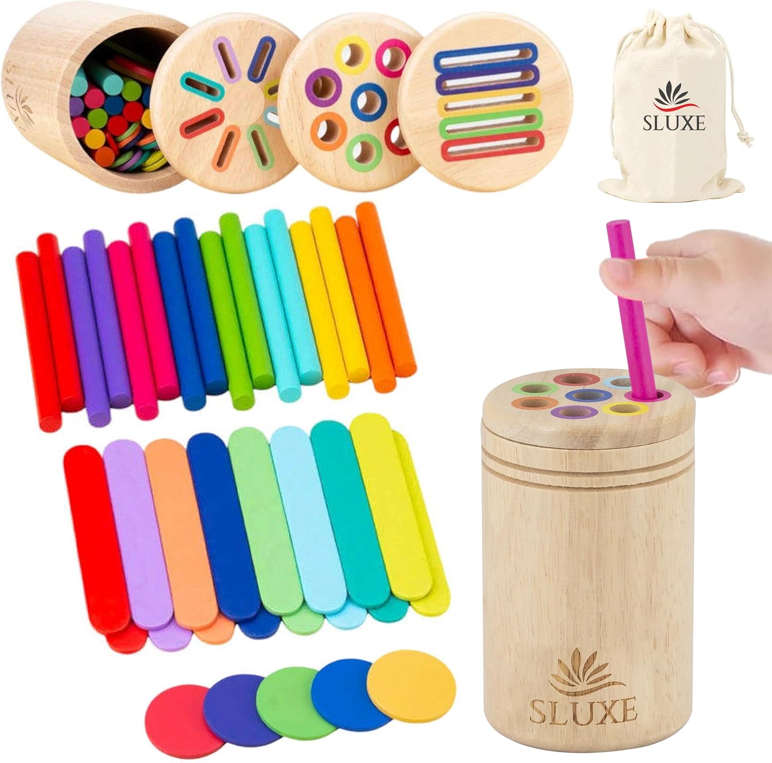 Montessori Toys for 3-5 Year Old – 3 in 1 Wooden Educational Color Sorting & Fidget Sensory Set for Toddlers – Preschool Learning & Fine Motor Skills Development – Gifts for Boys & Girls