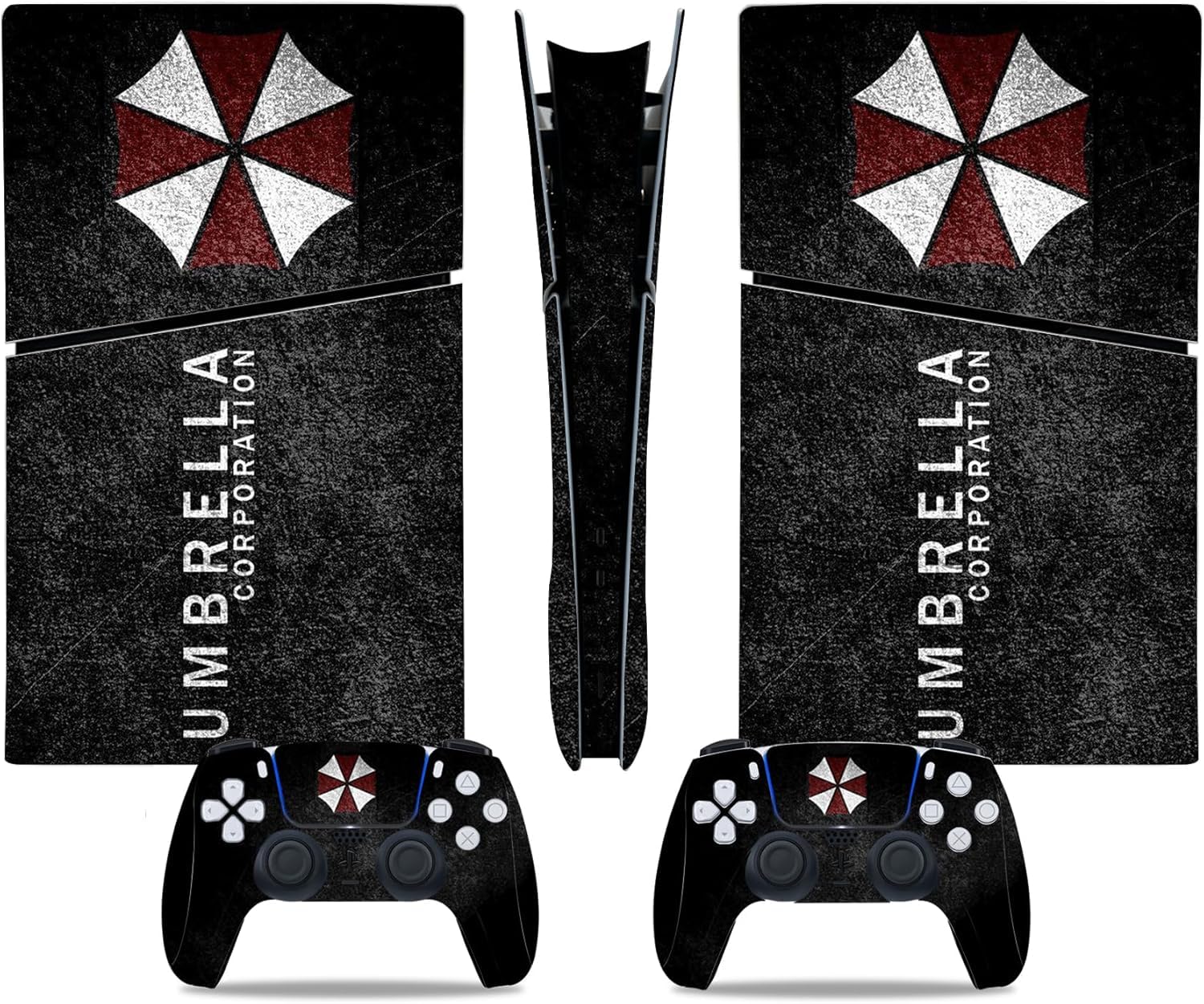 MaD Vision® Extra-Durable Skin Kit per PlayStation 5 (PS5) Digital Slim | Set di Pellicole Adesive in Vinile Opaco per la Console e 2 Controller - per Resident Evil Umbrella Design