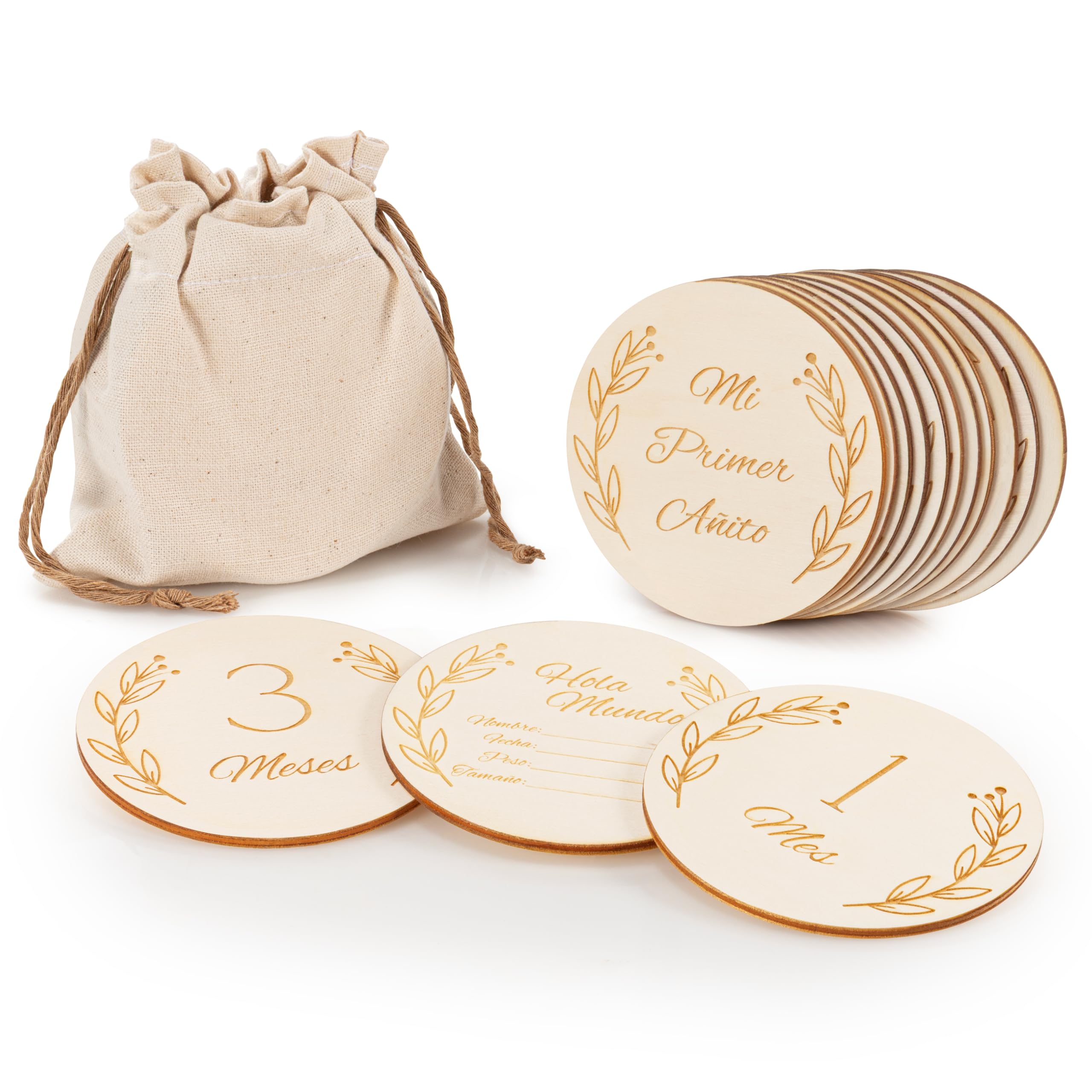 Juego de 14 Discos de Madera para Hitos del Bebé con Bolsa, Accesorios de Fotos para Recién Nacido, Discos mensuales 1 a 12 Meses, Hello World Nacimiento, Recuerdo Mi Primer Cumpleaños