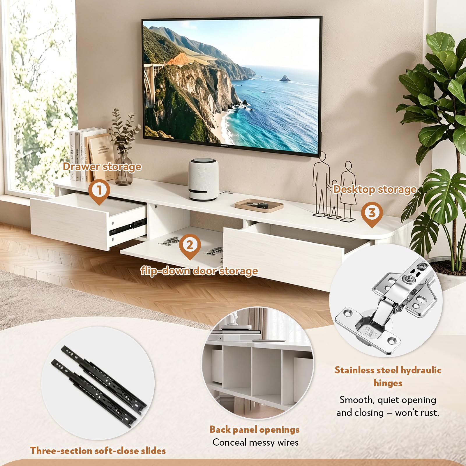 55 "TV galleggiante nd per TV fino a 65" console in legno naturale con Sto Modern Wall Mounted Entertainment Center Slish Home Decor Solut