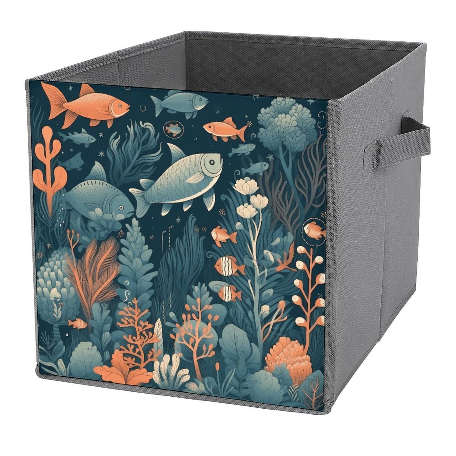 NONHAI Collapsible Storage Bins with Dual Handles Fabric Storage Basket Foldable Cubes Organizer Baskets Hand Drawn Sea Animals Storage Boxes for Organizing Clothing Cube Storage Organizer Bins