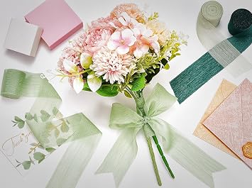 3 Roll 1.5In Wide 16Yd Green Crinkle Silk Ribbon Handmade Fabric Chiffon Ribbon for Bridal Bouquet Gift Wrapping Invitation Home Decor DIY Crafts Christmas