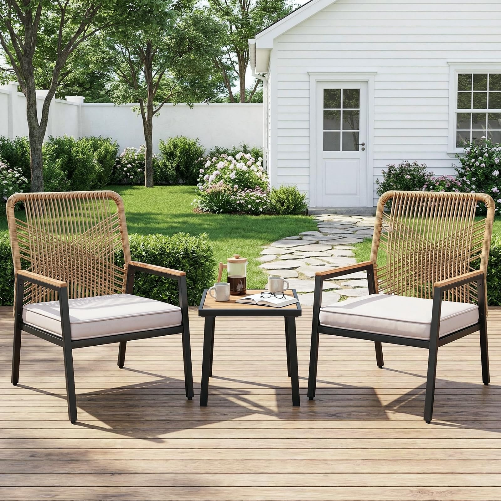 Clevich 3 PCS Garden Furniture Set, Rattan Garden Chair Set, Metal and Rattan Balcony Chairs, with 8 cm Thick Seat Cushions, Sturdy Metal Frame & WPC Armrest, for Patio, Garden and Porch (Beige)