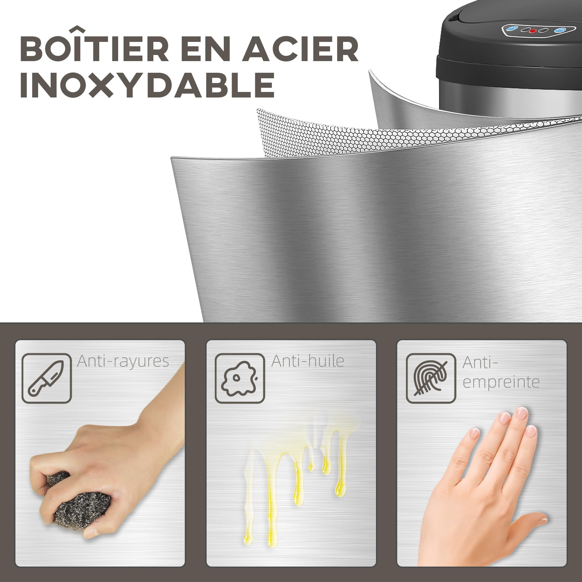 HOMCOM Poubelle de cuisine automatique 30L en acier inoxydable, couvercle à fermeture en douceur, poubelle à capteur de mouvement sans contact, résistant aux empreintes digitales, argent