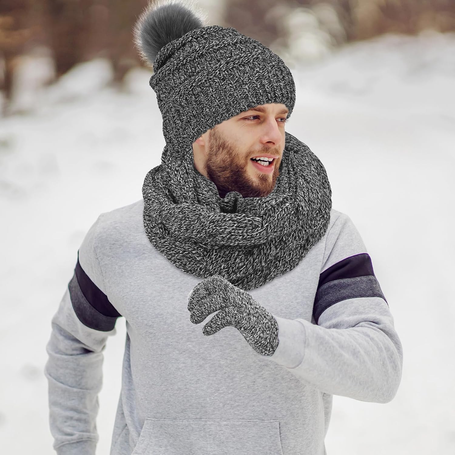 Aneco Womens Winter Warm Sets Knitted Fur Pompoms Beanie Hat Circle Loop Scarf Touch Screen Gloves Winter Favor Accessories - Image 6