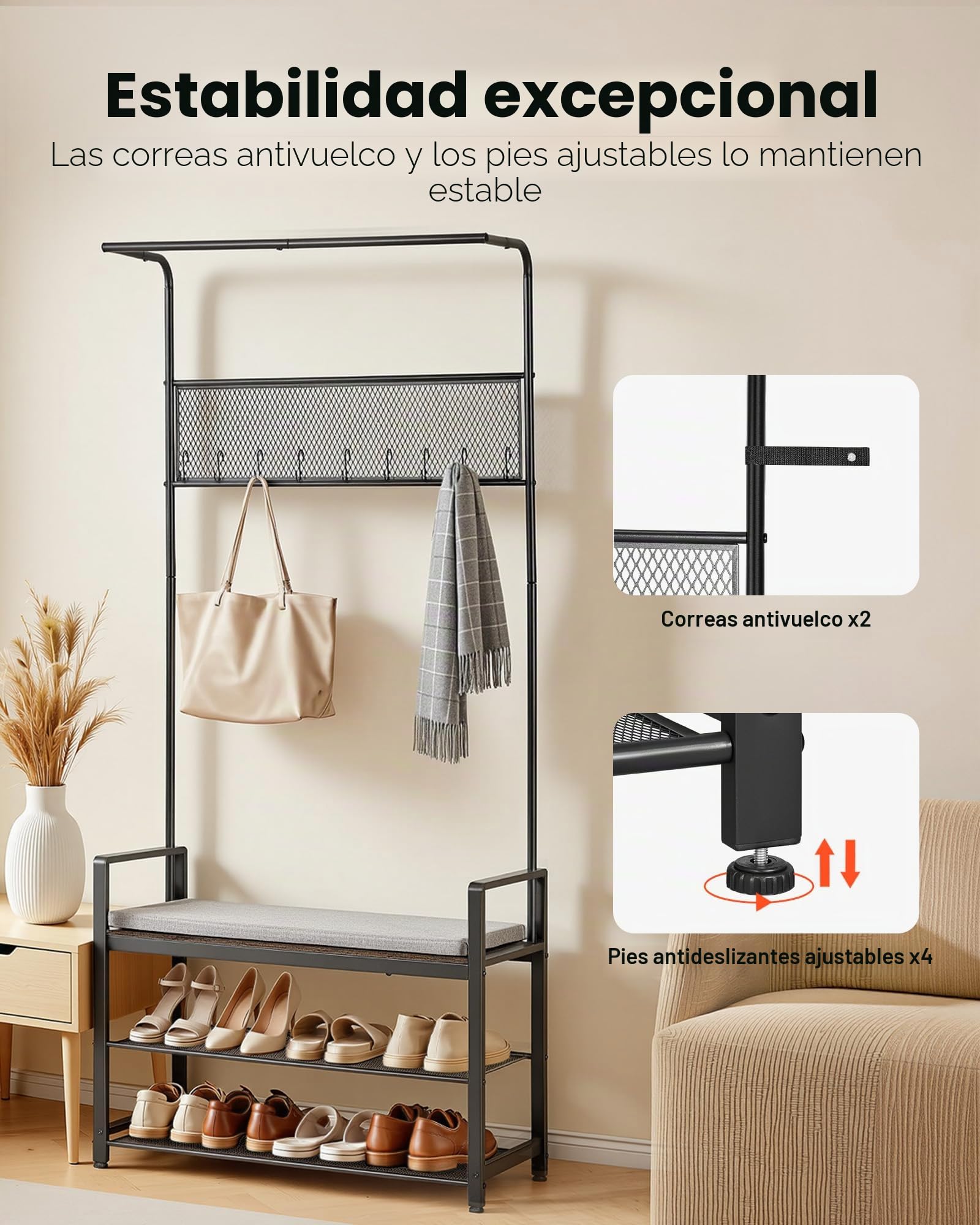 VEVOR Perchero de Pie 183 cm, Organizador de Ropa con Ganchos Banco Zapatero Estantes y Barra Superior, Recibidor de Entrada para Bolso Abrigo Calzado, Armario Abierto para Pasillo Dormitorio Salón