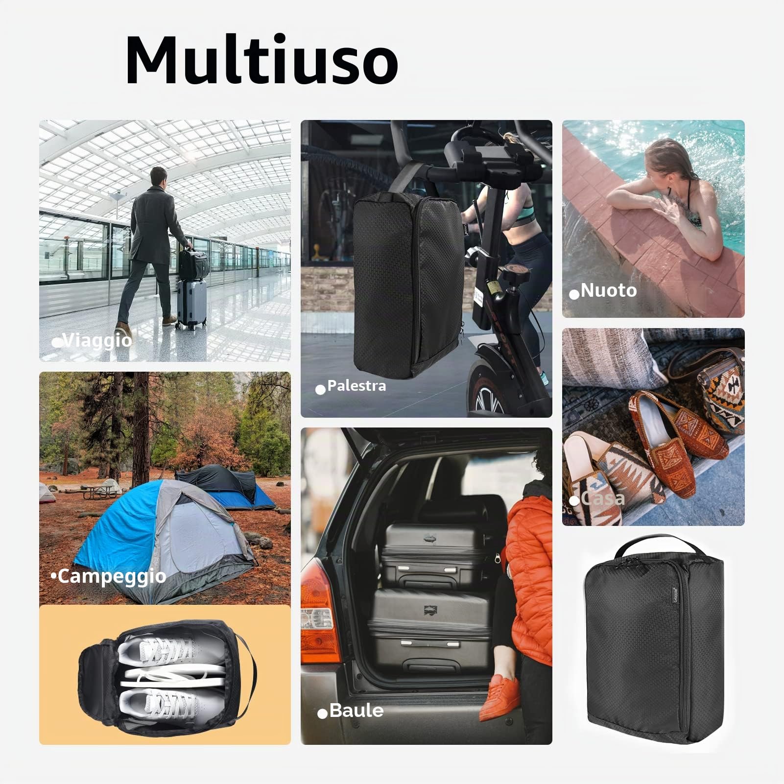 Gloppie Borsa per Scarpe viaggio Multiuso con Scomparto Separato per Scarpe e Tasche Multiple, Ideale per Viaggi, Sport e Attività Outdoor, 2 Nero