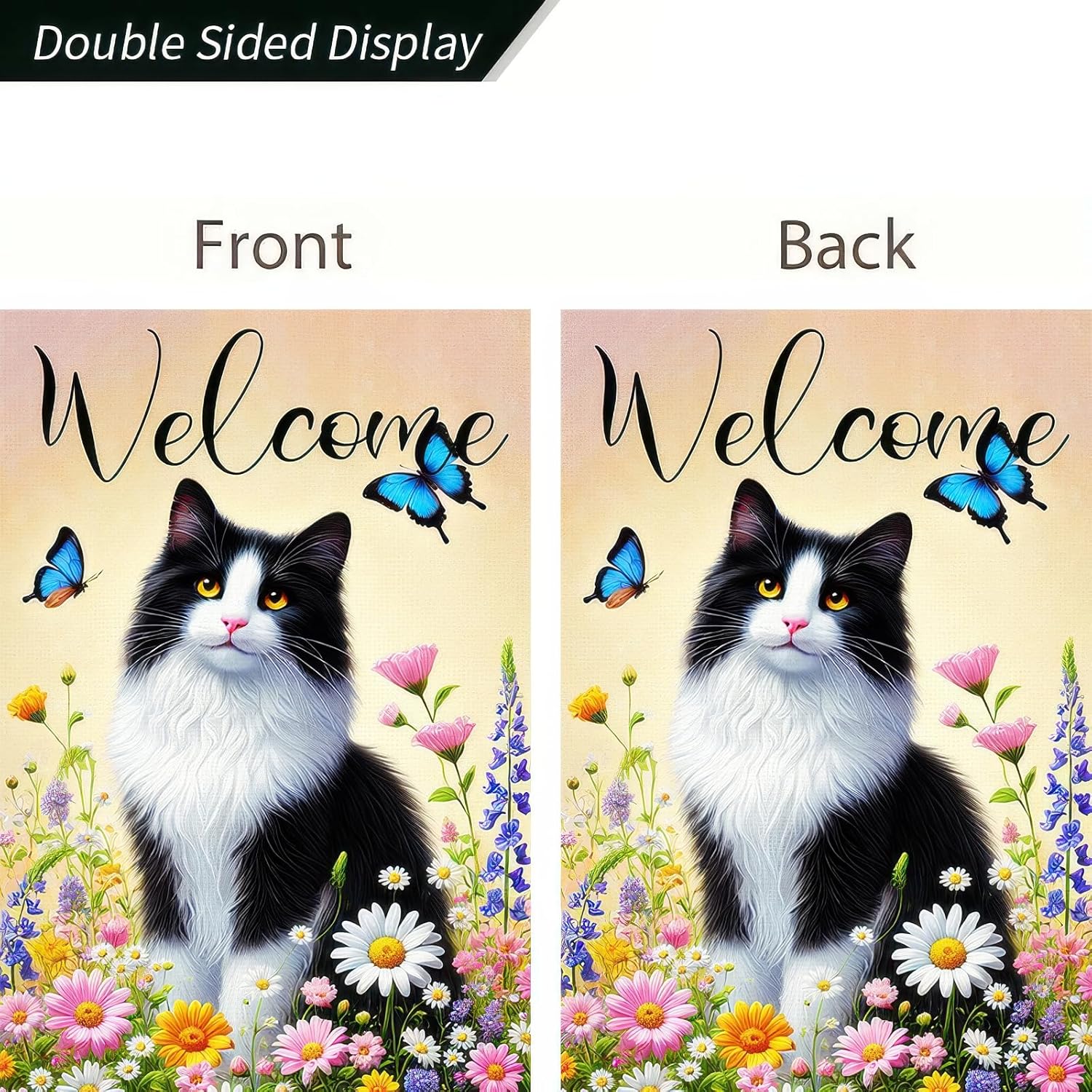 Welcome Garden Flag Spring Summer Cat Garden Flag 12x18 Inch Double Sided Flags Black White Cat Floral Butterfly Outdoor Yard Lawn Porch Decor Banner - Image 5