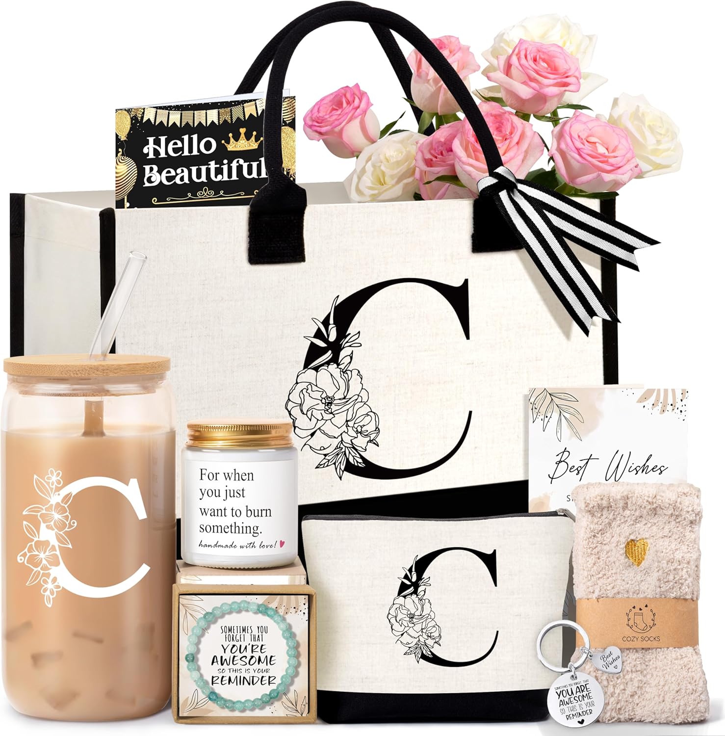 Birthday Gifts for Women, Monogrammed Initial Gift for Teacher Wife Mom, Tote Bag