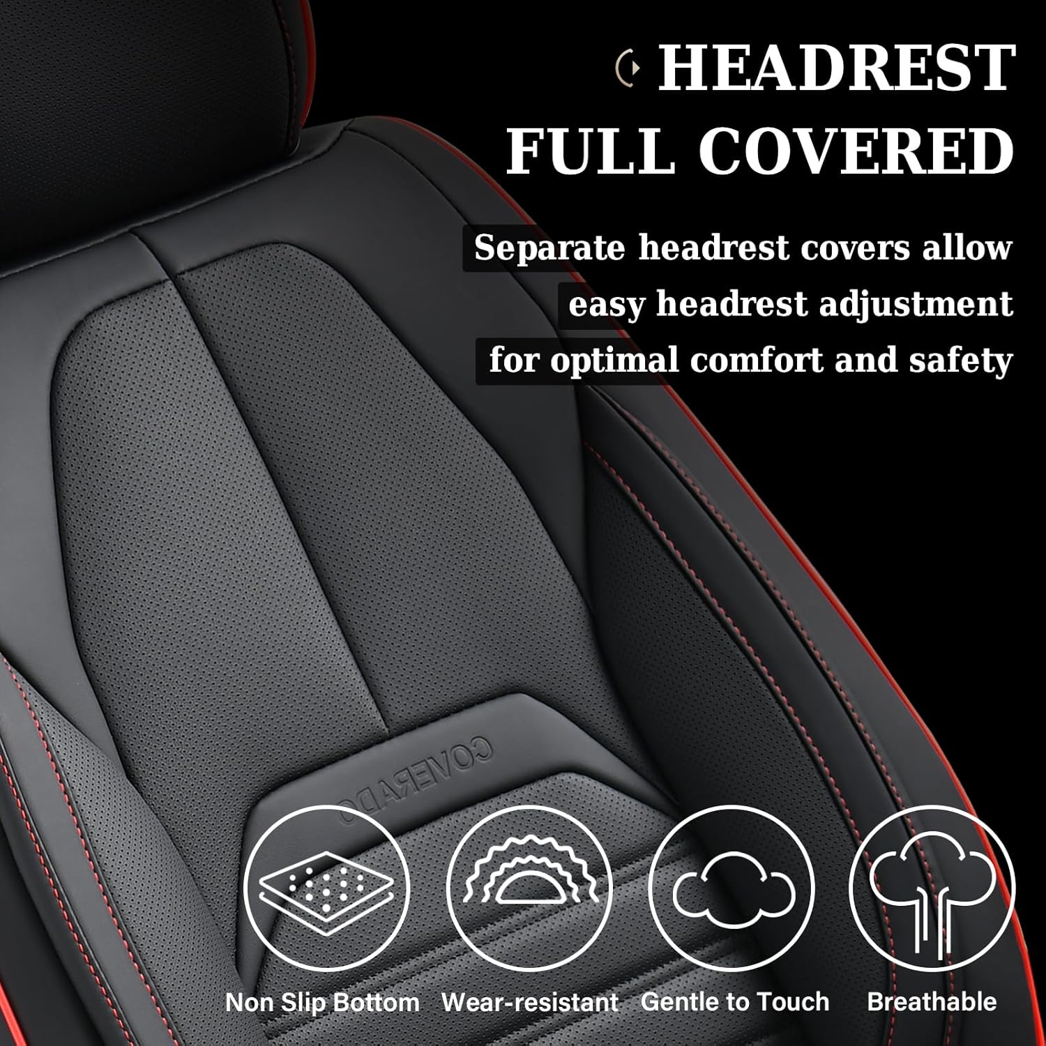 Coverado Car Seat Covers Full Set, Black Redline Seat Covers for Cars, Automotive Seat Covers, Waterproof Nappa Leather Front Seats and Back Car Seat Protector, Universal Fit for Most Cars SUV Trucks