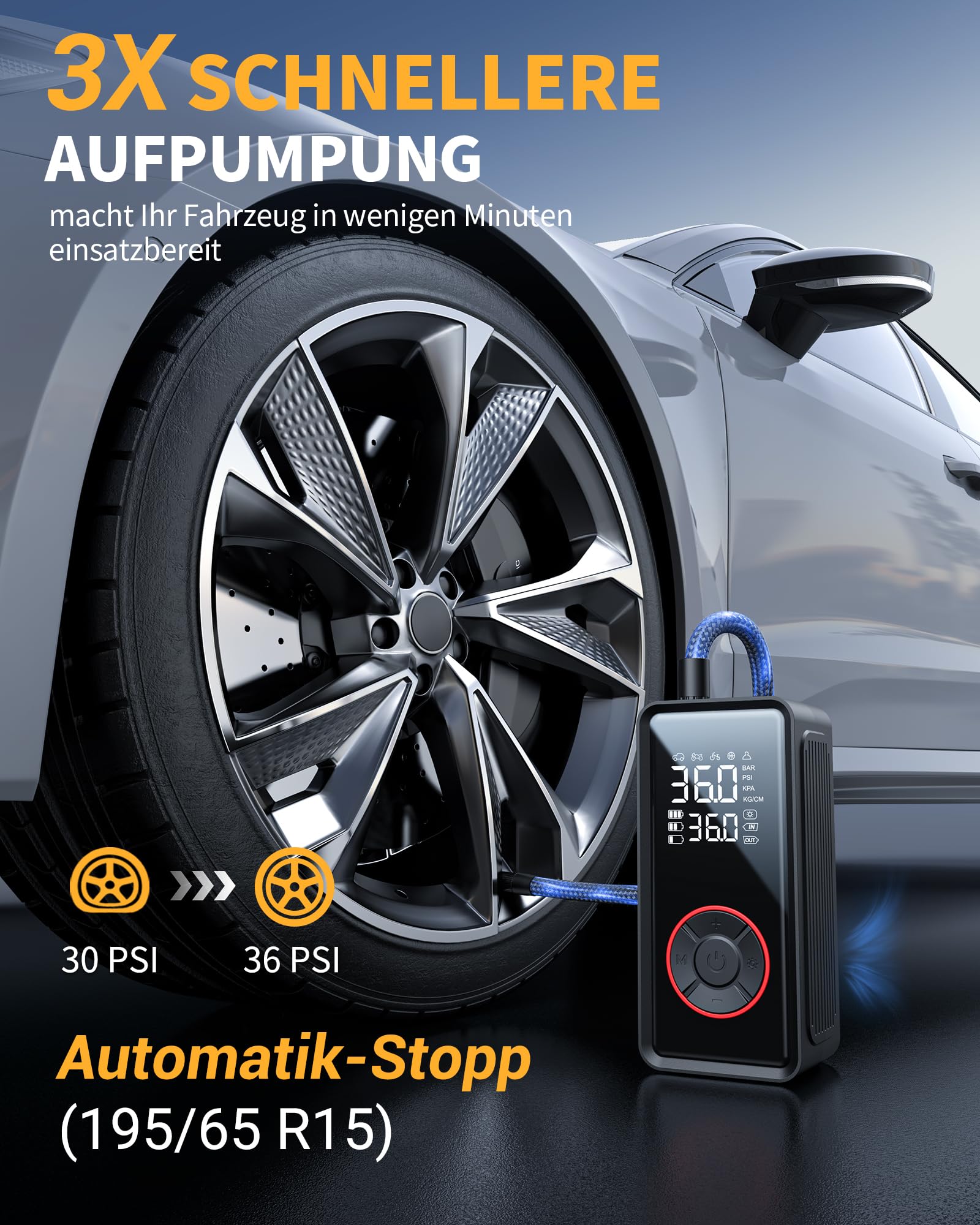 Powools Fahrradpumpe - Tragbare Elektrische Luftpumpe Fahrrad, 3X Schnelleres Aufpumpen Mit LED-Licht, Auto-Stop Luftpumpe Elektrisch Mit 4 Düsen Für Auto, Motorrad, Ball, Schwarz, 7.2 x 5.0 x 15.0 cm