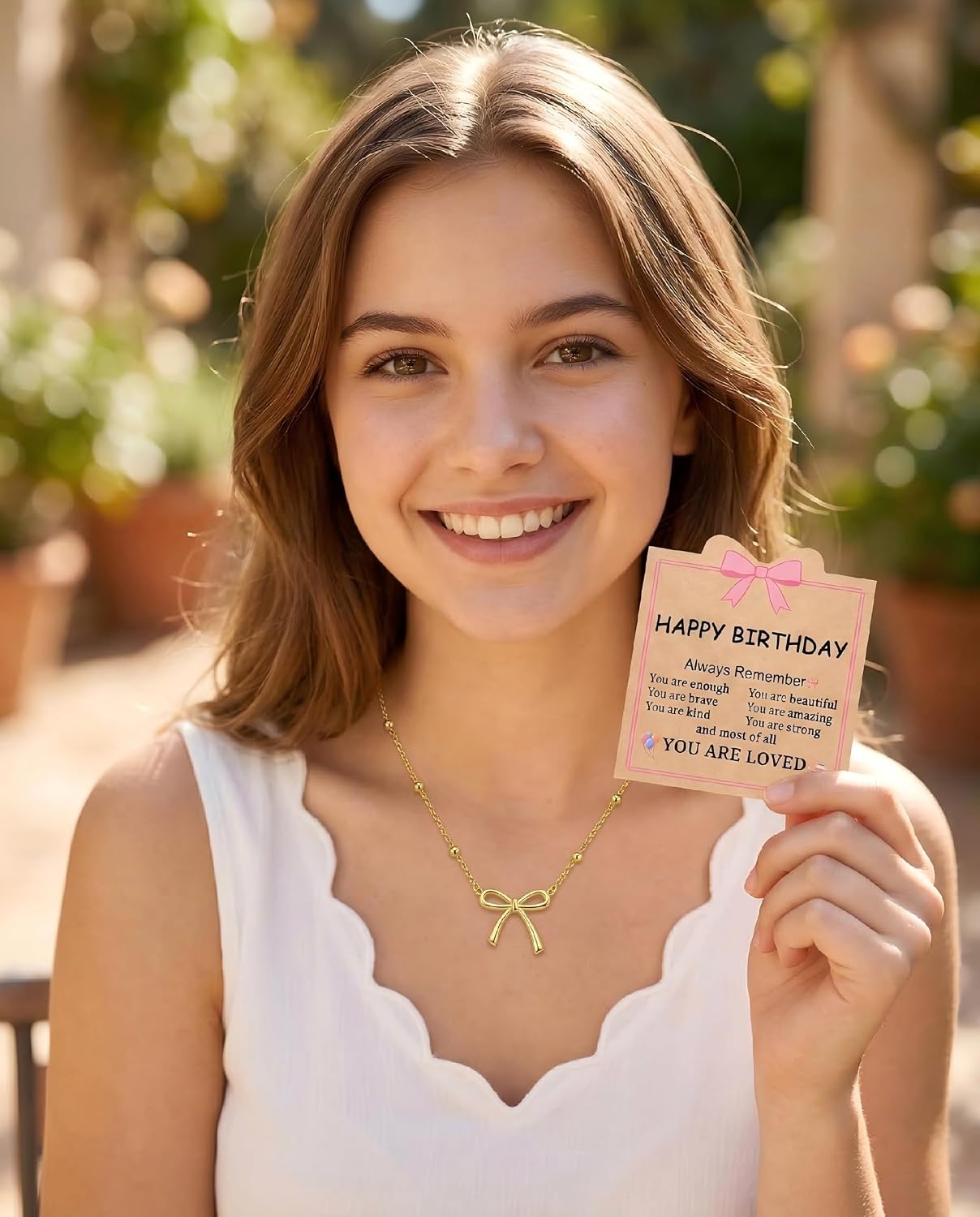 Birthday Gifts for Women Girl, Gold Bow Necklace with Birthday Card - You Are Enough and Loved