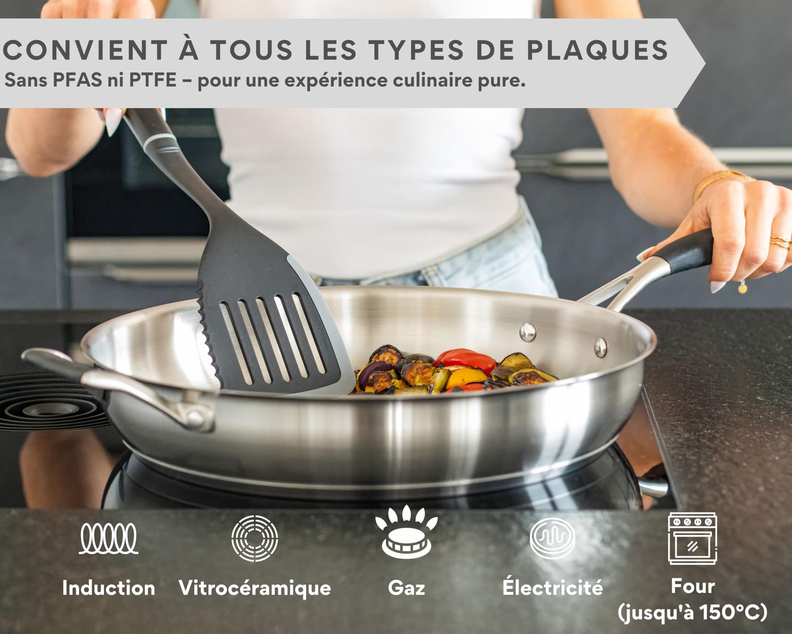 DIVORY Poêle en inox 32 cm – Sans revêtement, sans PTFE & PFOA, pour induction, grande poêle en acier inoxydable (PURA, 32 cm)