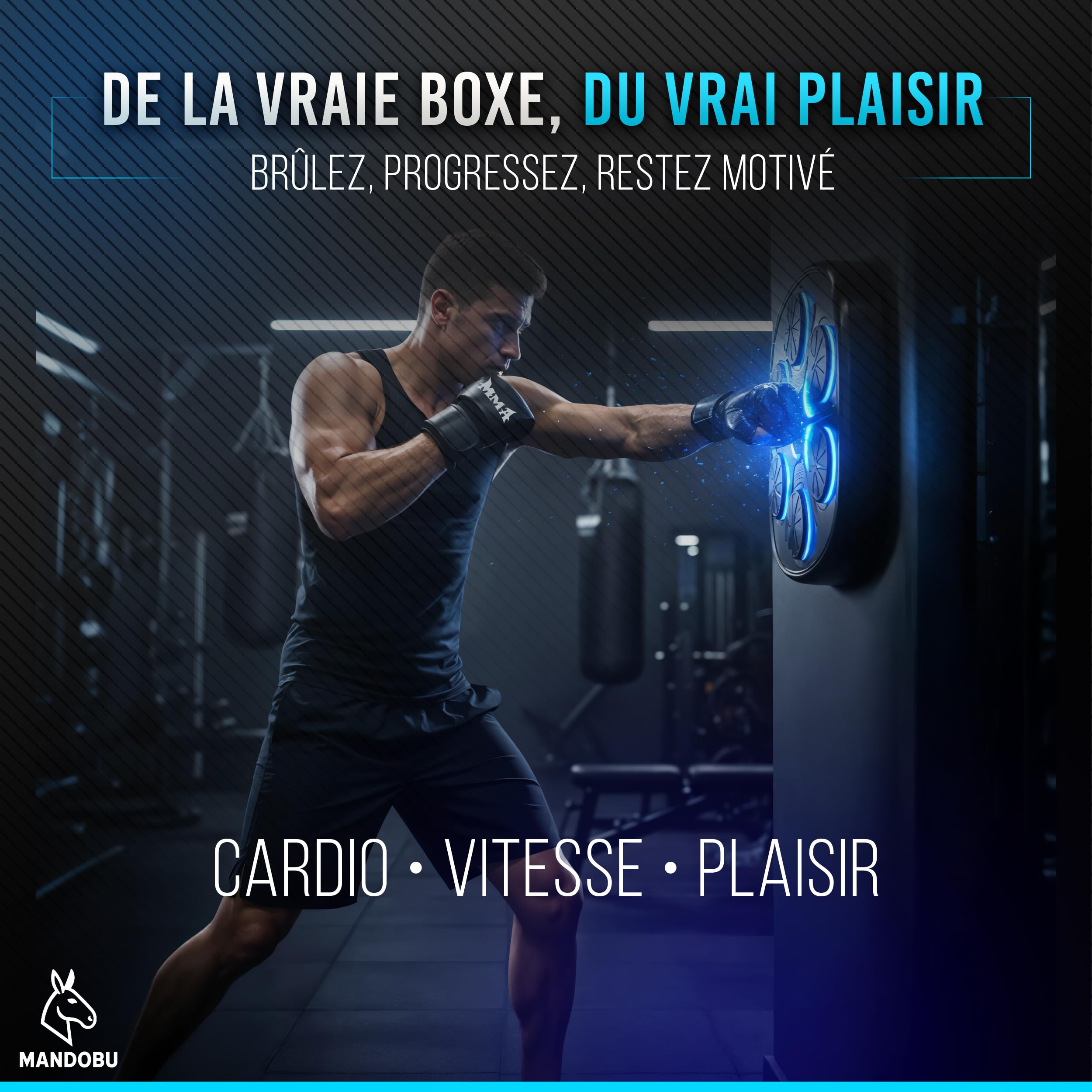 Machine de Boxe Musicale Bluetooth Adulte – Entraînement Réflexe et Cardio – Tutoriel MMA Inclus – 9 Modes & 9 Vitesses – Gants Inclus – Mandobu