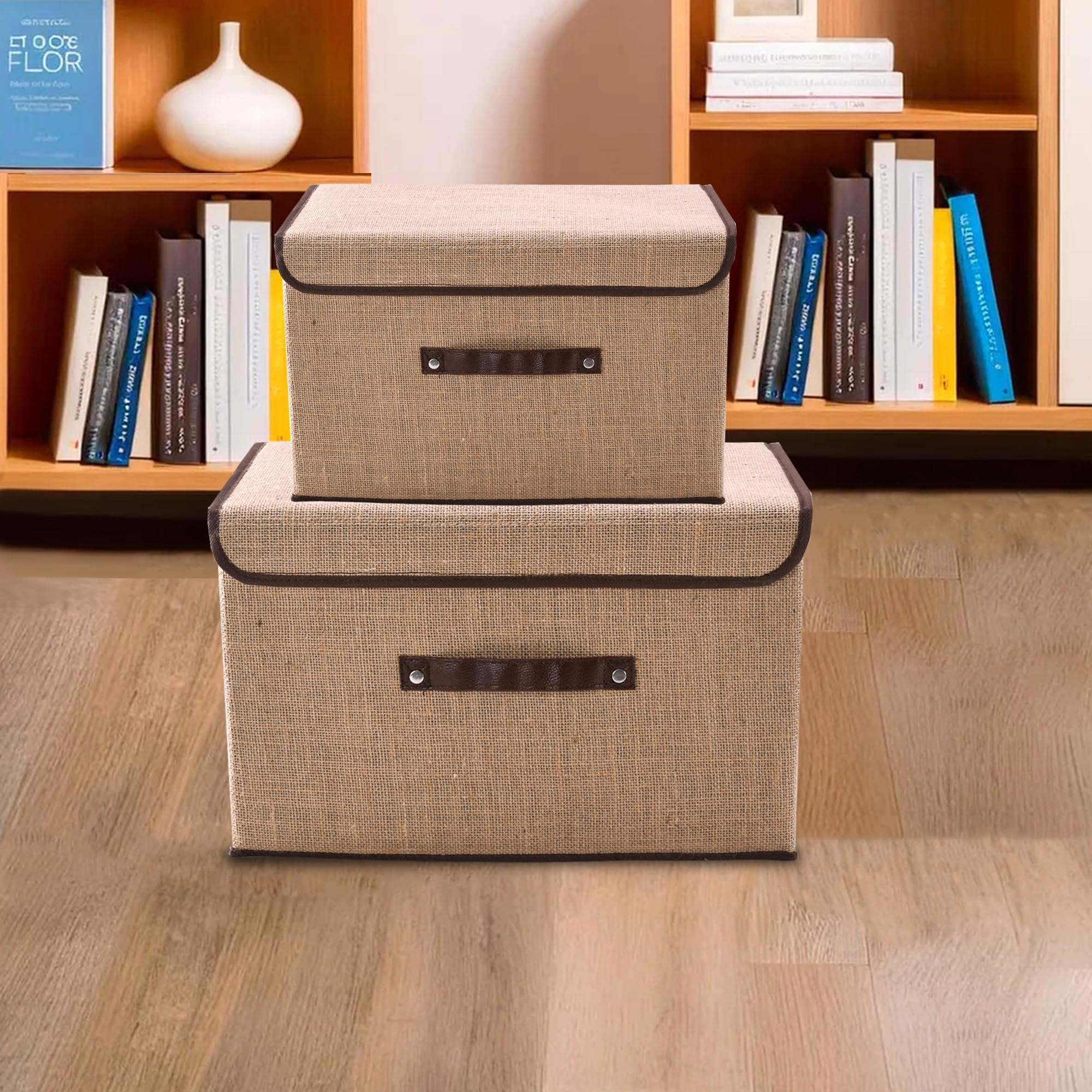 Kuber Industries Pack of 2 Drawer Organizer (Small & Large) Foldable Storage Box | Clothes Organiser for Wardrobe | Lid & Handle | Jute Fabric | Clothes Organizer | Cupboard Organizer | Brown