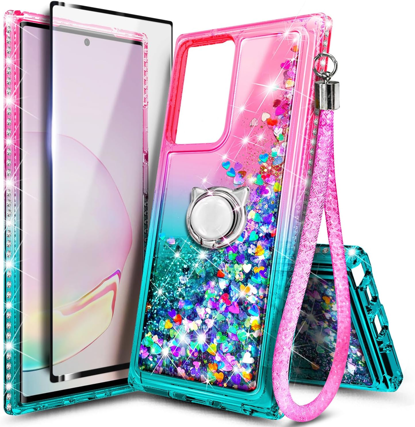 NGB Designed for Samsung Galaxy Note 20 Ultra Case with Screen Protector (Maximum Coverage, Flexible TPU Film), Ring Holder, Girls Women Liquid Bling Sparkle Fashion Glitter Cute Case (Pink/Aqua)