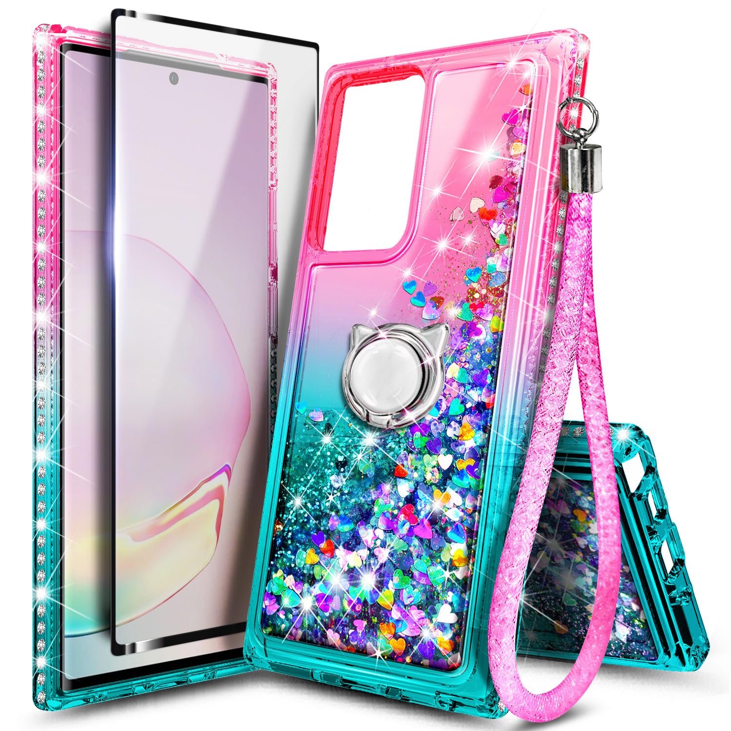 NGB Designed for Samsung Galaxy Note 20 Ultra Case with Screen Protector (Maximum Coverage, Flexible TPU Film), Ring Holder, Girls Women Liquid Bling Sparkle Fashion Glitter Cute Case (Pink/Aqua)