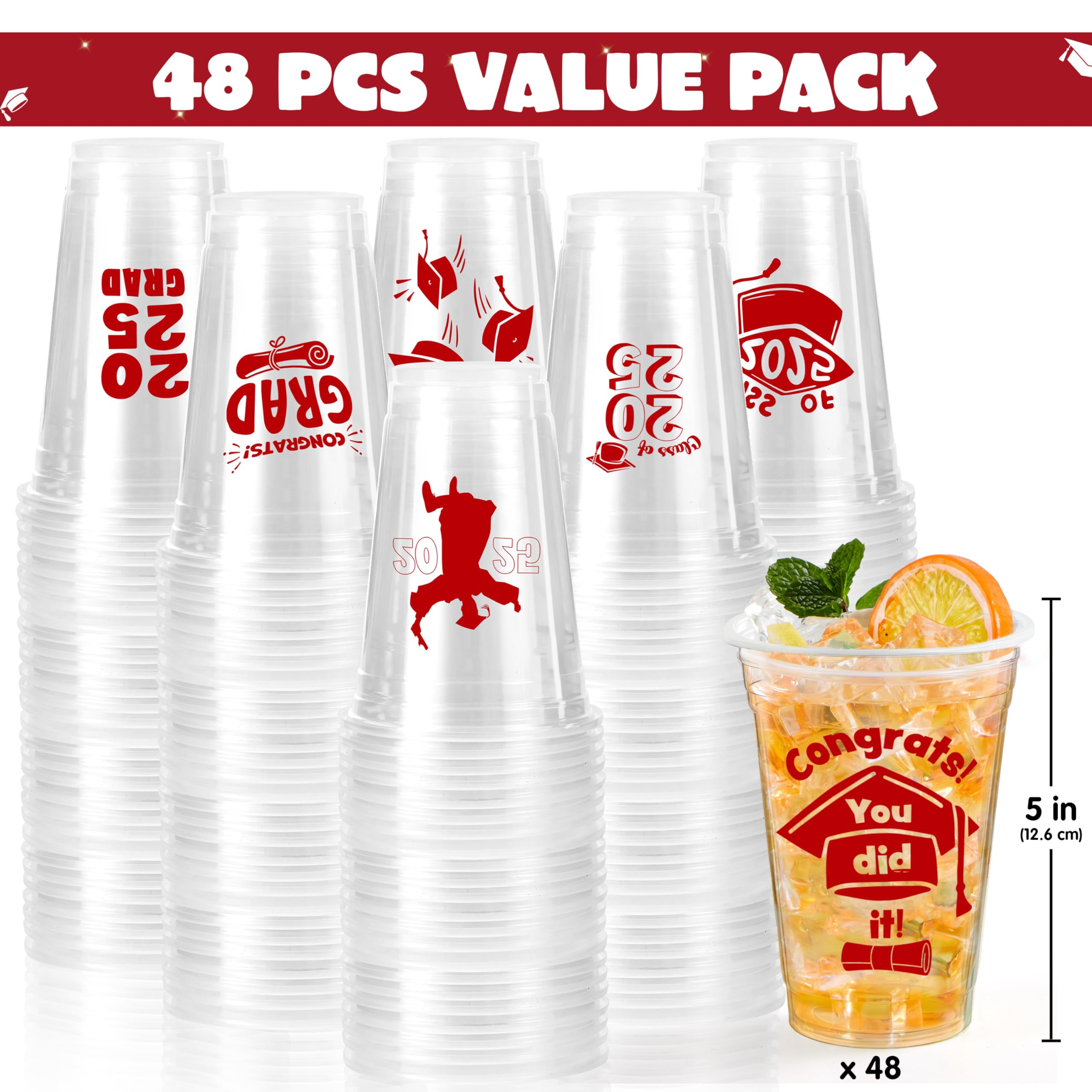 JOYIN 48 Pcs Red Class of 2025 Graduation Party decorations Cups, 16 Oz Disposable Plastic Cups, Grad Decor Party Supplies with 24 Fun Designs for College & High School Celebrations