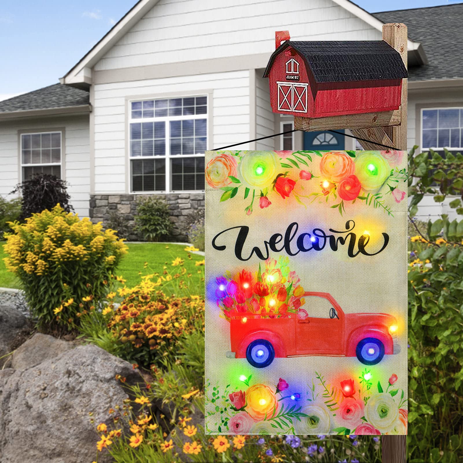 Flashflag LED Lighted Welcome Garden Flag, Red Truck Garden Flag Double Sided, Summer Garden Flag with Multicolor LED Lights for Home Yard Outdoor Decoration (12"×18")