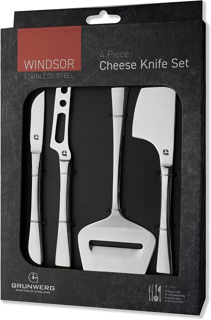 Grunwerg Windsor Carded 4-Piece Stainless Steel Cheese Knife Set 4BXCHKWDR, 18/0 Stainless Steel