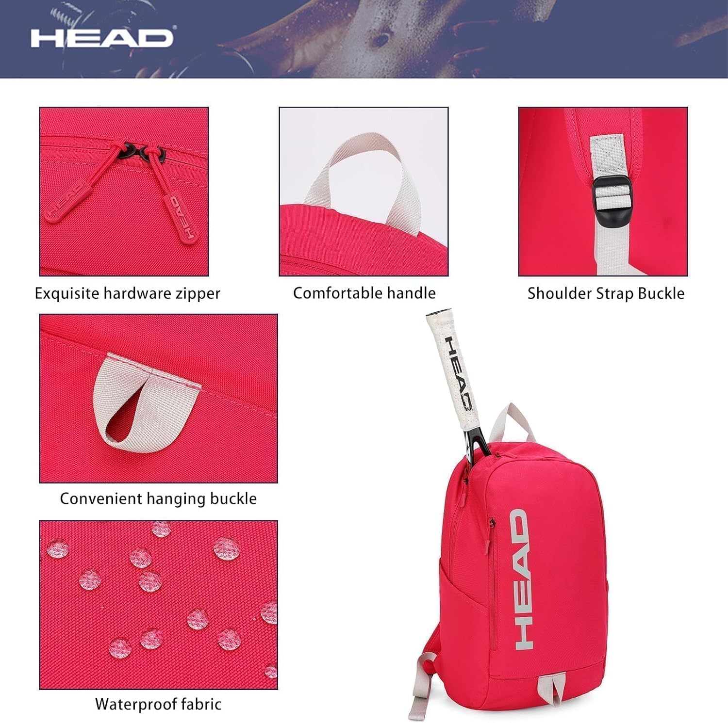 HEAD Waterproof Gym Backpack for Women, Medium Sport Backpack for Hiking/Fitness/Travel/Daily, College Laptop Bag for 15.6 inch Notebook,Red