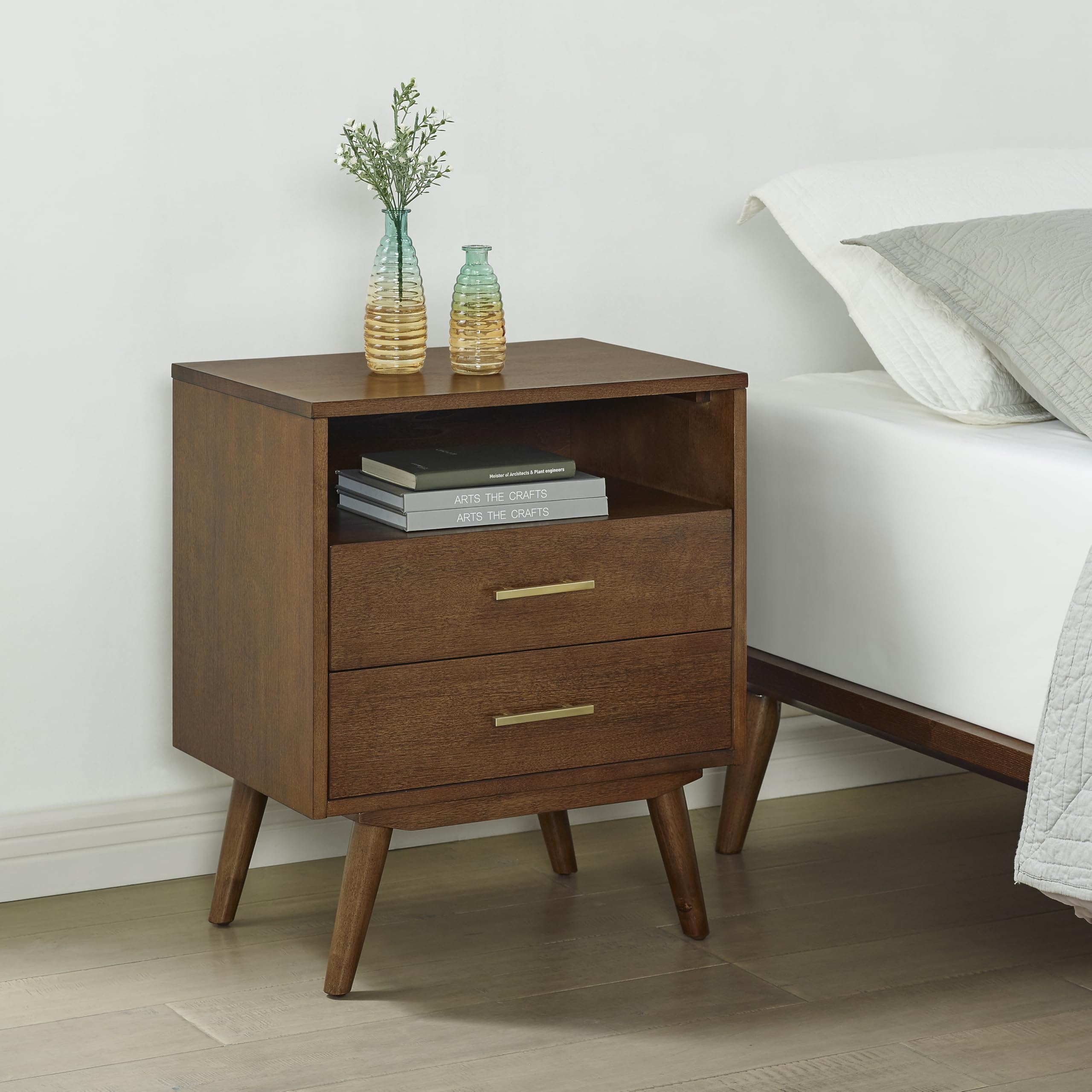 MUSEHOMEINC Nightstand Wood with 2 Drawer Dresser,Mid Century Modern Night Stand,Bedside Table with Open Shelf,End Table with Rectangular Gold Metal Handles for Bedroom (Walnut)