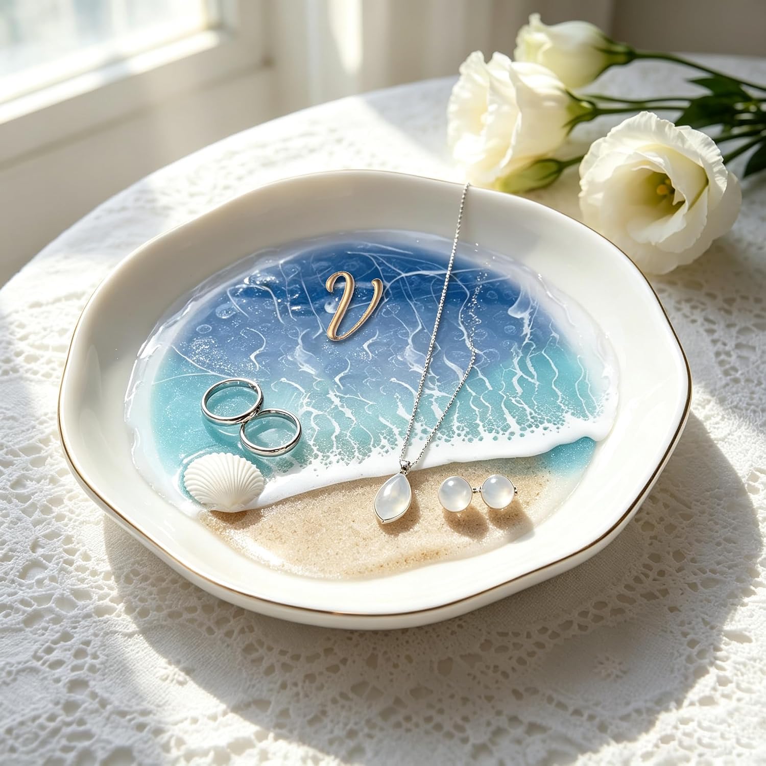 Vanity Tray, Ocean Resin Beach Wave Ceramic Jewelry Tray, Gold Trim Ring Dish Earring Holder, Small Decorative Trinket Dish for Dresser Makeup Vanity (V)