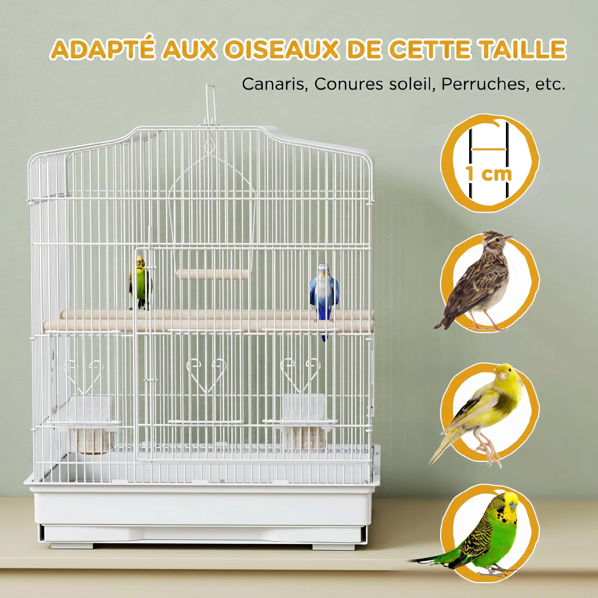PawHut Cage à Oiseaux Volière, avec Mangeoires, 46,5 x 36 x 59 cm Blanc | Perchoirs, Plateau Excrément Amovible, Cage pour Canaris, Perruches, Petits Perroquets