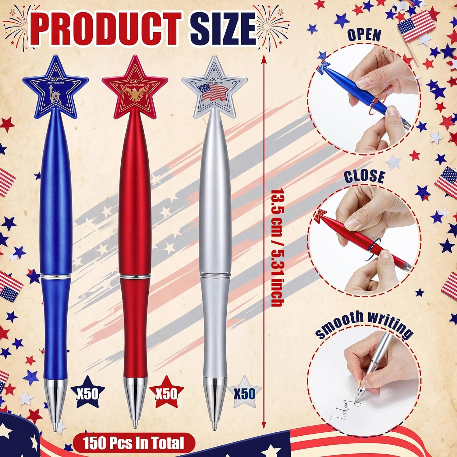 Cholemy 150 Pcs Patriotic Pens 250th Anniversary American Flag Pens Gifts 1.0 mm Black Ink Star Ballpoint 4th of July Souvenir for Independence Memorial Day Office Home Party Favors