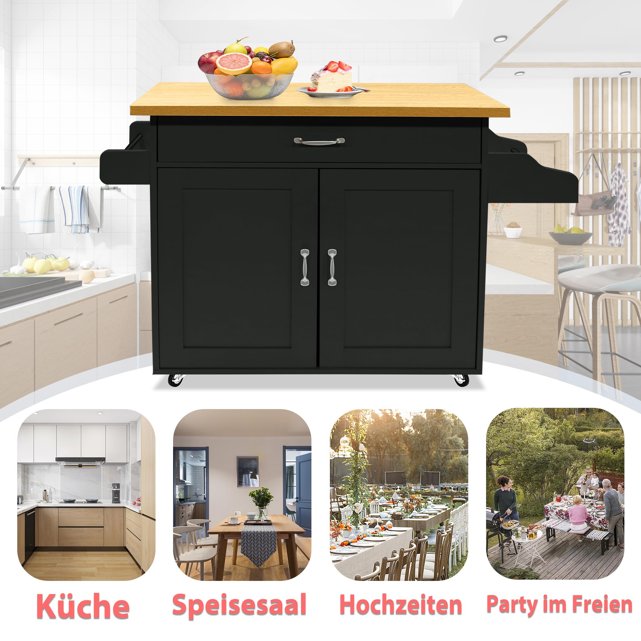 YRHome Ruchome wyspy kuchenne, wózek kuchenny z półką na przyprawy, wieszak na ręczniki i szufladą, wózek kuchenny na kółkach, szafka kuchenna z blatem roboczym, wózek do serwowania, 115 x 36 x 90 cm