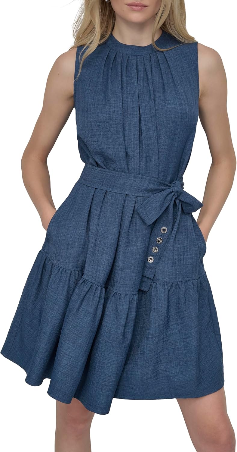 DKNY Womens Sleeveless Jewel Neck Fit and Flare Dress