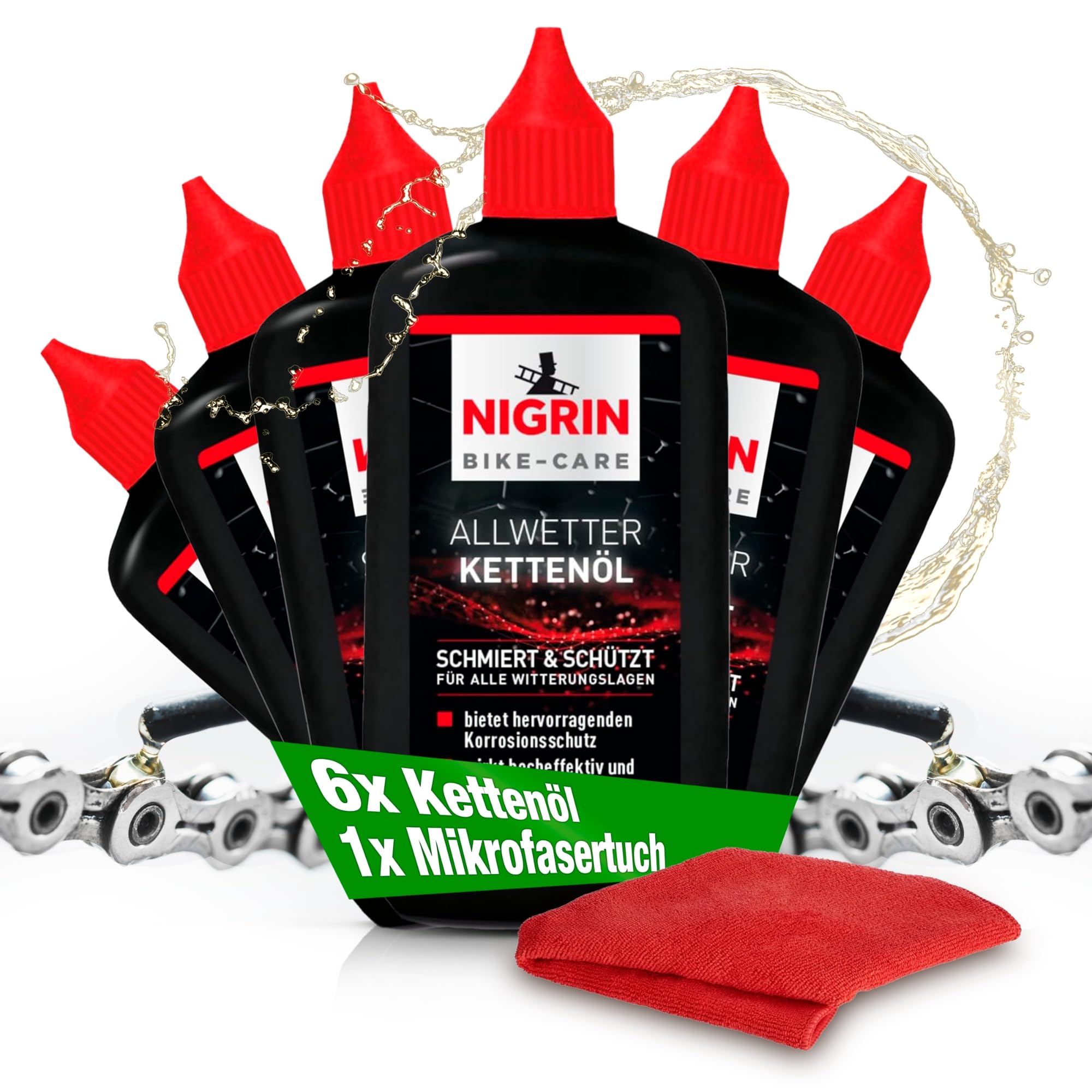 NIGRIN BIKE-CARE Lot de 6 huiles de chaîne toutes saisons 100 ml (6 x 100 ml) – Lubrifiant pour chaînes de vélo par tous temps – Réduit les frottements, protège contre la rouille, pour vélo électrique