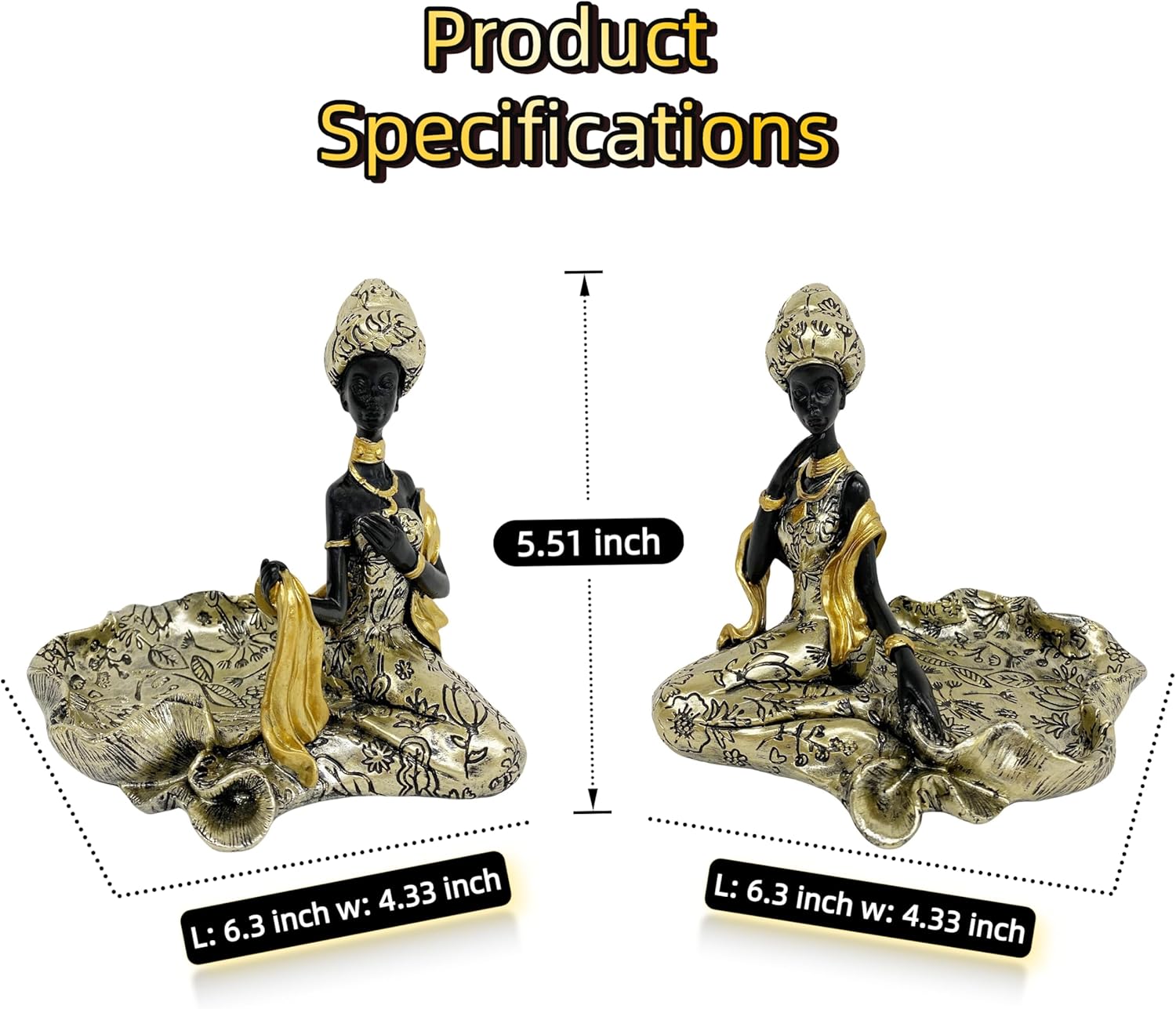 African Women Resin Figurines with Tray – Set of 2 Elegant Afrocentric Sculptures – Handmade Gold Pattern Decorative Statues for Home, Office, Vanity, Jewelry, Keys Holder