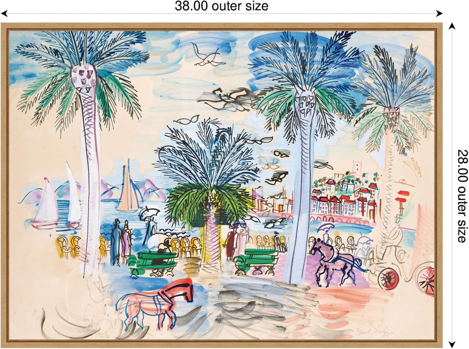 Kate and Laurel Framed Canvas Wall Art Print Cannes le Suquet Croisette Raoul Dufy by Nostalgia Prints, 38 x 28 Sylvie Natural Frame, Whimsical, Tropical Art for Wall Decor