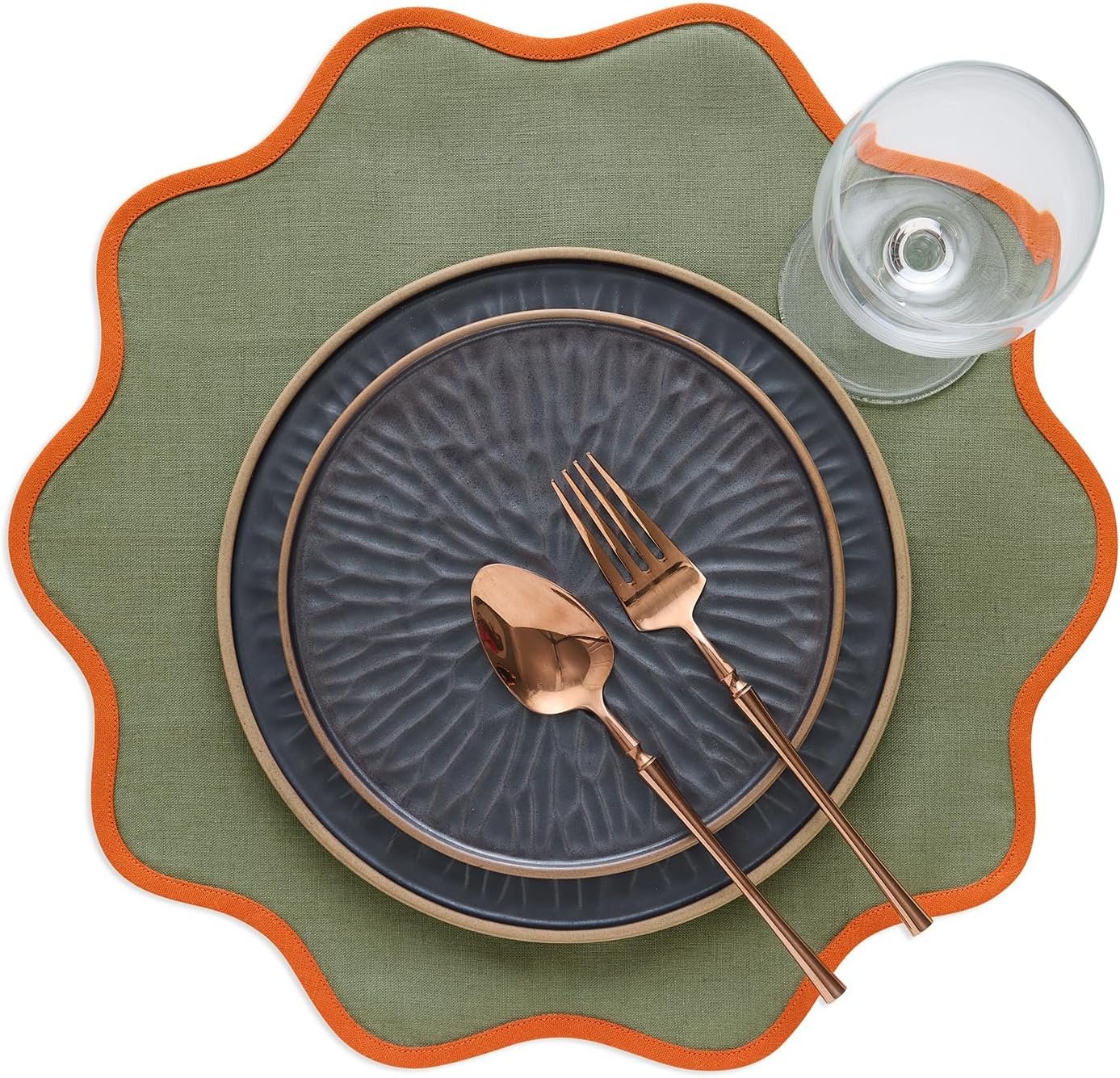 Solino Home Linen Placemats Set of 4-100% Pure Linen Persimmon Orange and Oil Green Round Cloth Placemats 16 Inch - Giselle Scallop Edge, Handcrafted and Machine Washable