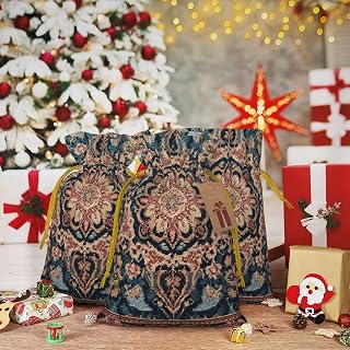 WEIHAKO Christmas Gift Bags with Drawstrings Christmas Burlap Party Favor Antique Orientalist Art Gift Bag Xmas Wrapping Bags with Tags Linen Xmas Drawstring Bag for Party Presents Supplies Small
