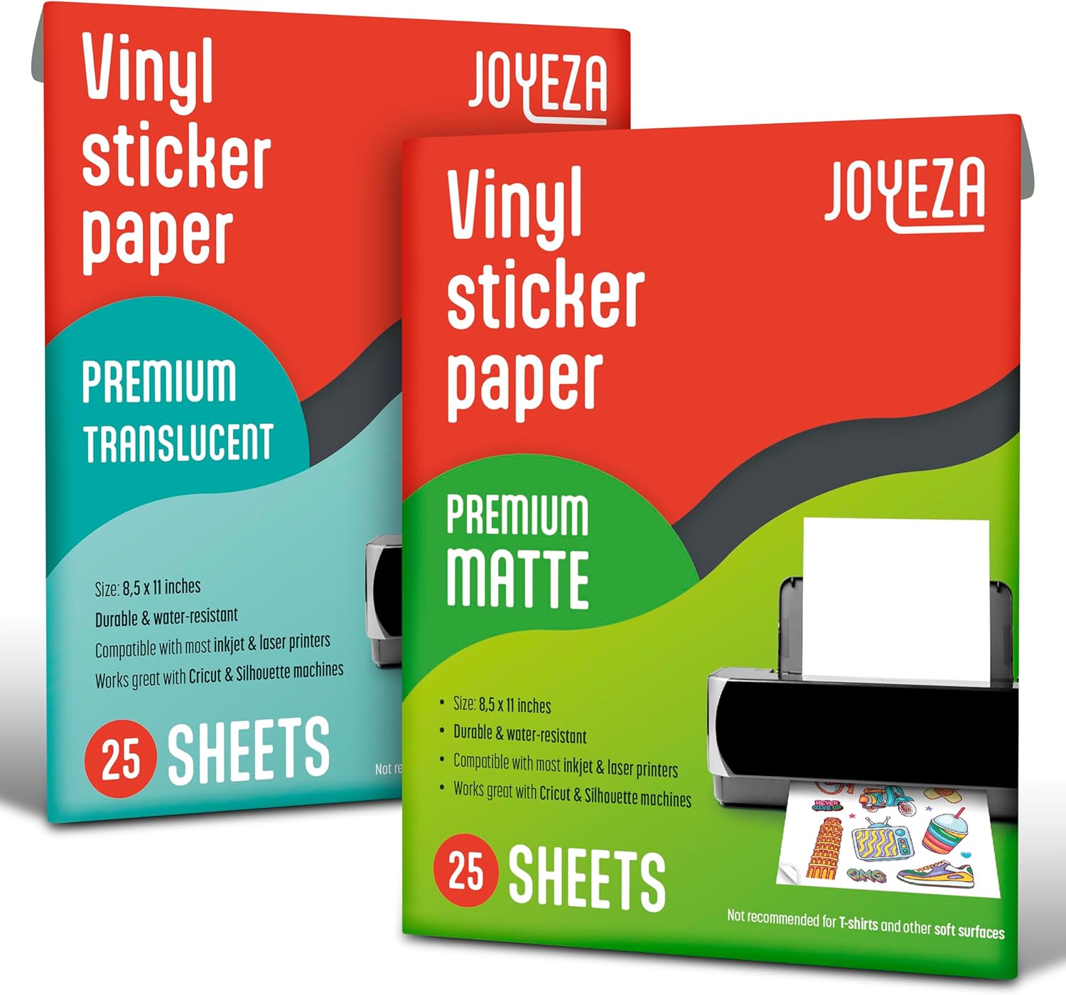 JOYEZA Premium Printable Vinyl Sticker Paper for Inkjet Printer - 25 Matte + 25 Translucent Sheets White Waterproof, Dries Quickly Vivid Colors, Holds Ink well- Tear Resistant - Inkjet & Laser Printer