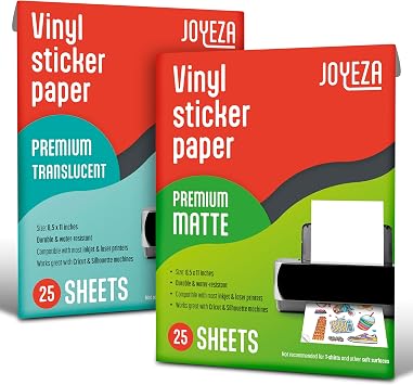 JOYEZA Premium Printable Vinyl Sticker Paper for Inkjet Printer - 25 Matte + 25 Translucent Sheets White Waterproof, Dries Quickly Vivid Colors, Holds Ink well- Tear Resistant - Inkjet & Laser Printer