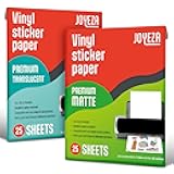 JOYEZA Premium Printable Vinyl Sticker Paper for Inkjet Printer - 25 Matte + 25 Translucent Sheets White Waterproof, Dries Quickly Vivid Colors, Holds Ink well- Tear Resistant - Inkjet & Laser Printer
