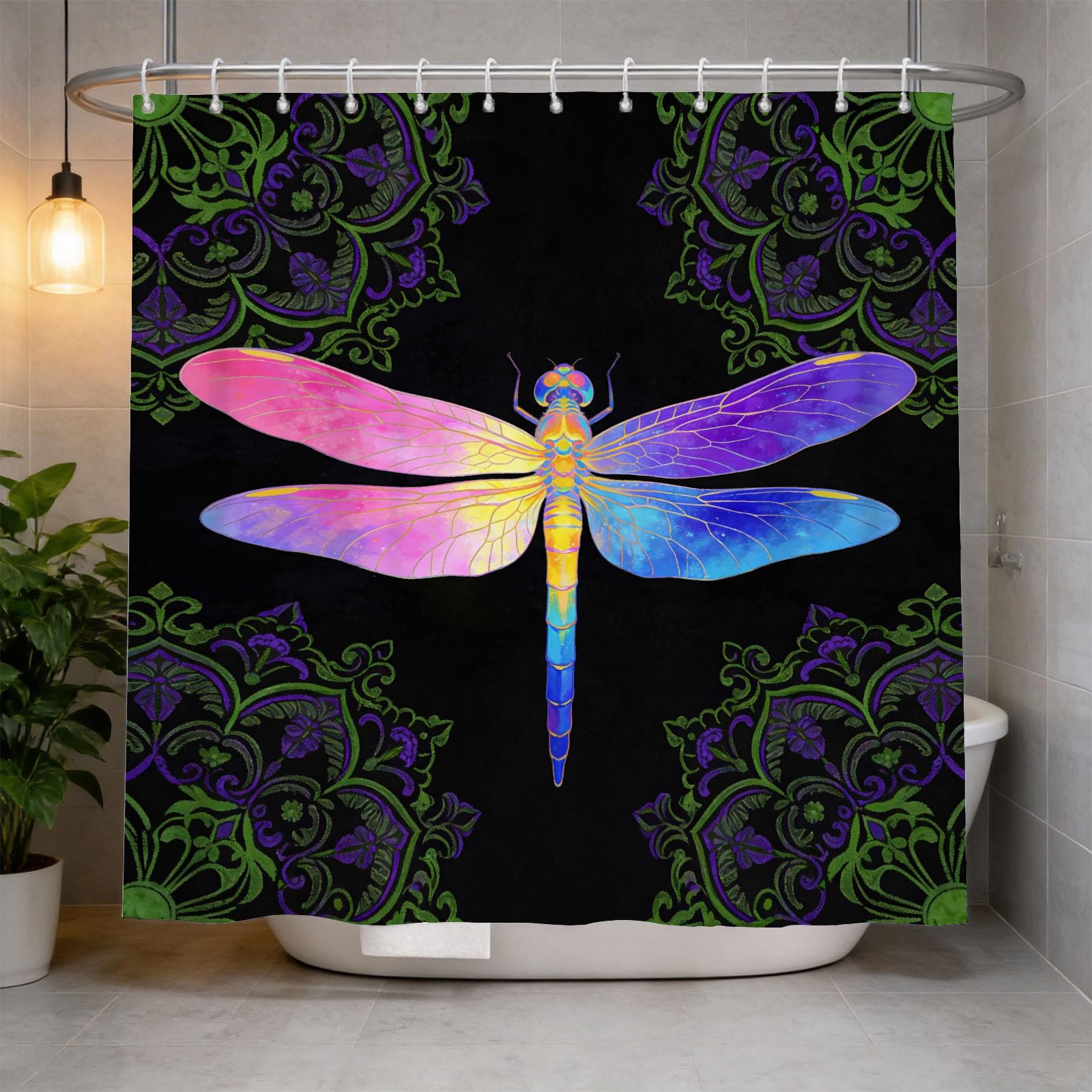 Hongduo 3D Rainbow Dragonfly Shower Curtain for Stalls Bathtubs Retro Pattern Bathroom Decor Shower Curtain Set Polyester Fabric Waterproof 180x200cm/71X79 Inch with Hooks