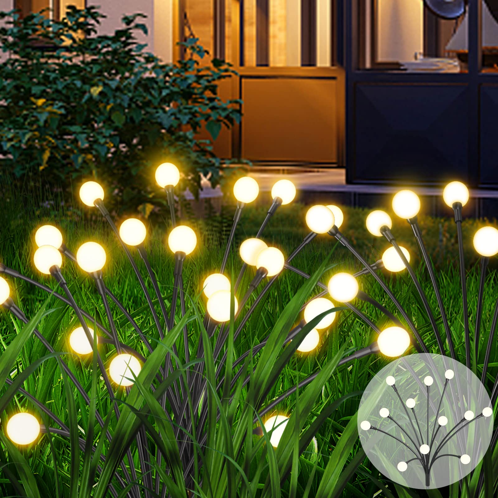 Solar Garden Lights, 4 Pack 12 LED Solar Firefly Lights with 2 Lighting Modes, Waterproof Solar Decorative Lights, Sway by Wind, Outdoor Solar Lights for Yard Patio Pathway Decoration, Warm White