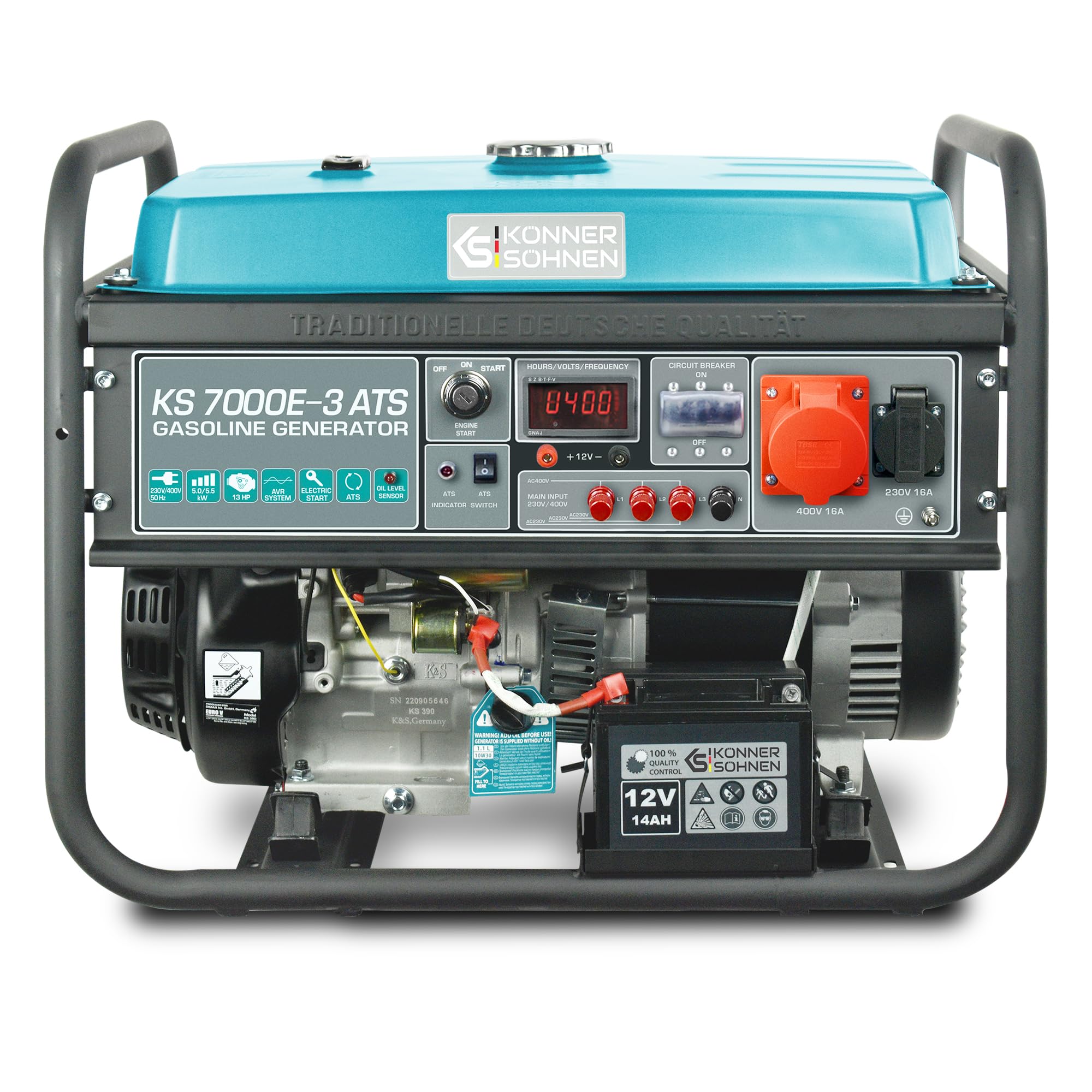 Generador de gasolina KS 7000E-3 ATS,para equipos trifásicos(400V) con ATS,generador electrico5500W,arranque manual/eléctrico/automático,1x16A (400V),1x16A (230V),12V, power station,(AVR)