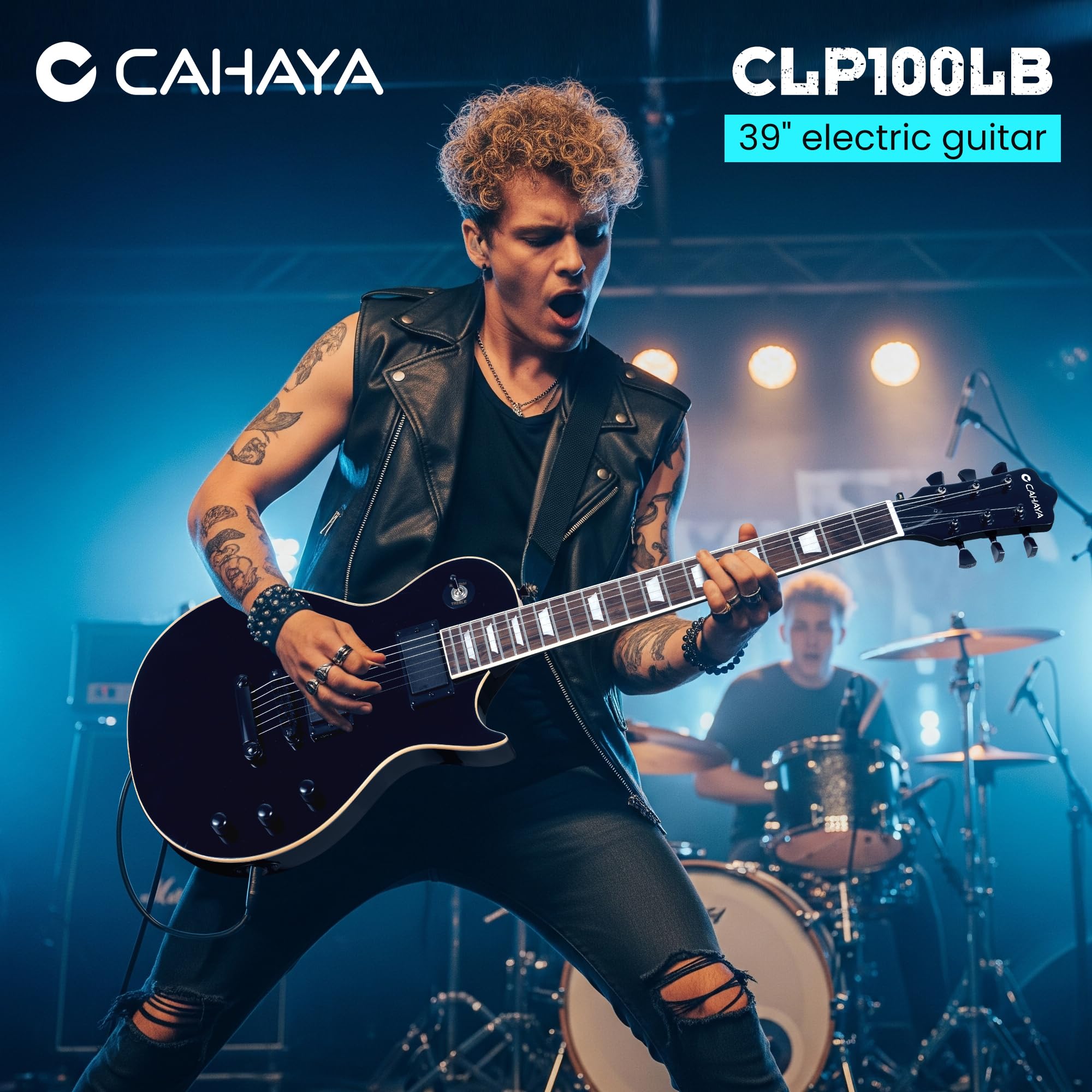 CAHAYA LP Kit Chitarra Elettrica: Chitarra 39" Full Size per Principianti con Corpo in Okoume Massiccio, 2 Pickup Humbucker, Manico in Acero, Borsa, Tracolla, Cavo per Adulti e Ragazzi - Nero