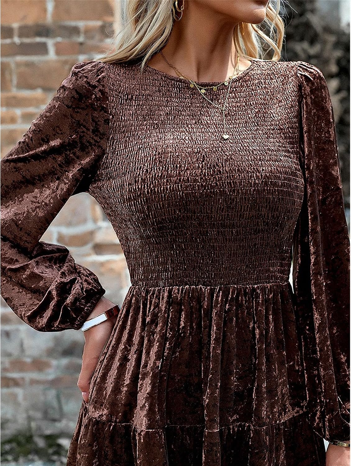 Generic Women'S Velvet Midi Dress Casual Long Sleeve Solid Color Dress Elastic High Waist Flowy Evening Party Guest Dresses